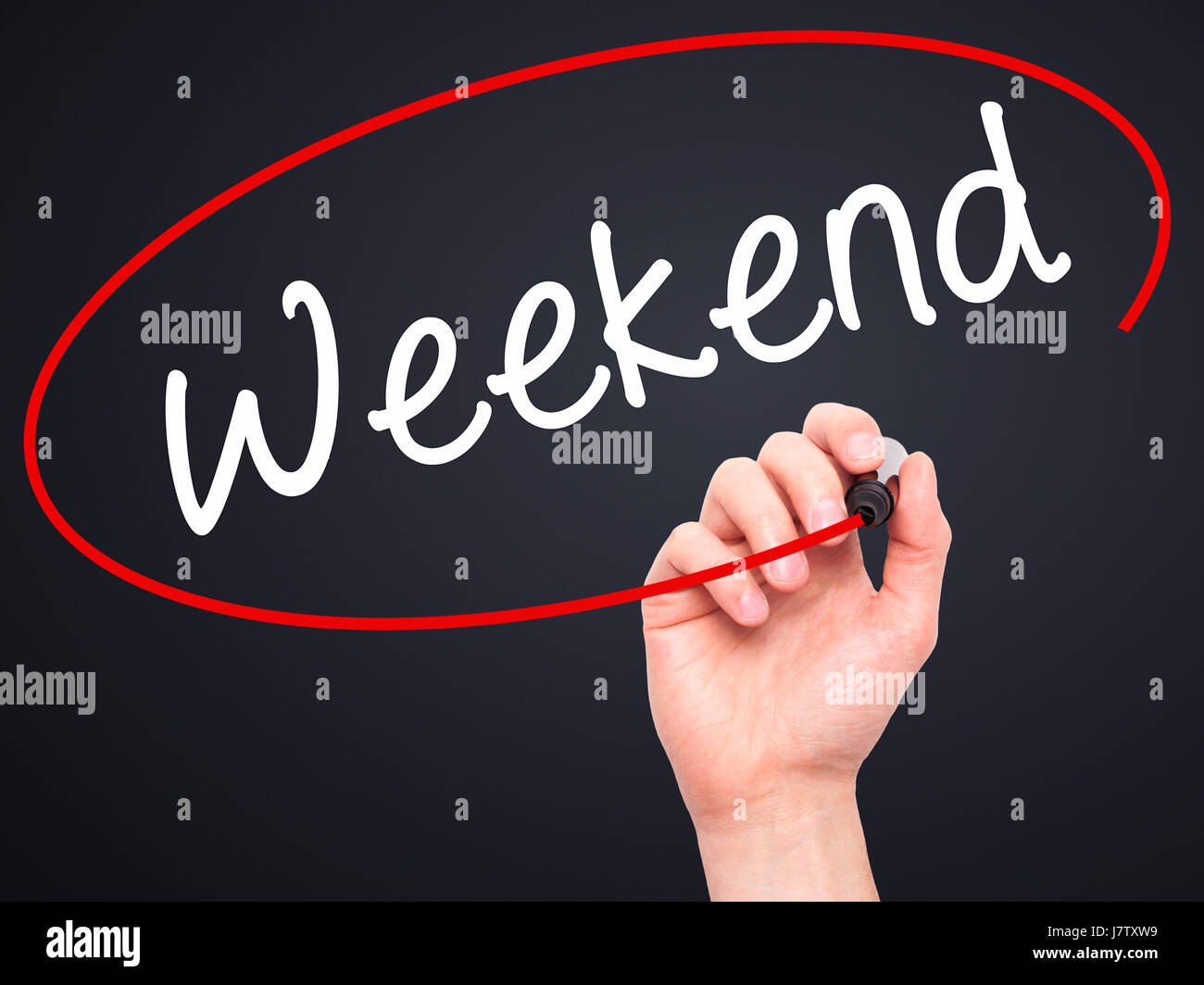 Weekend Hand Sign Man Hand writing Weekend with black marker on visual screen. Isolated ...