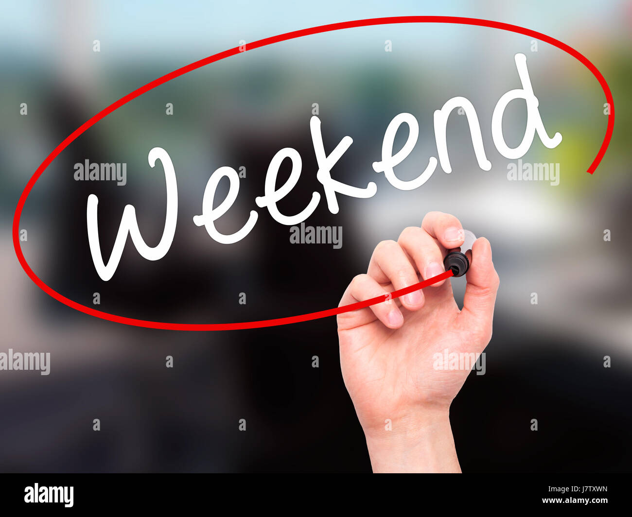 Weekend Hand Sign Man Hand writing Weekend with black marker on visual screen. Isolated ...