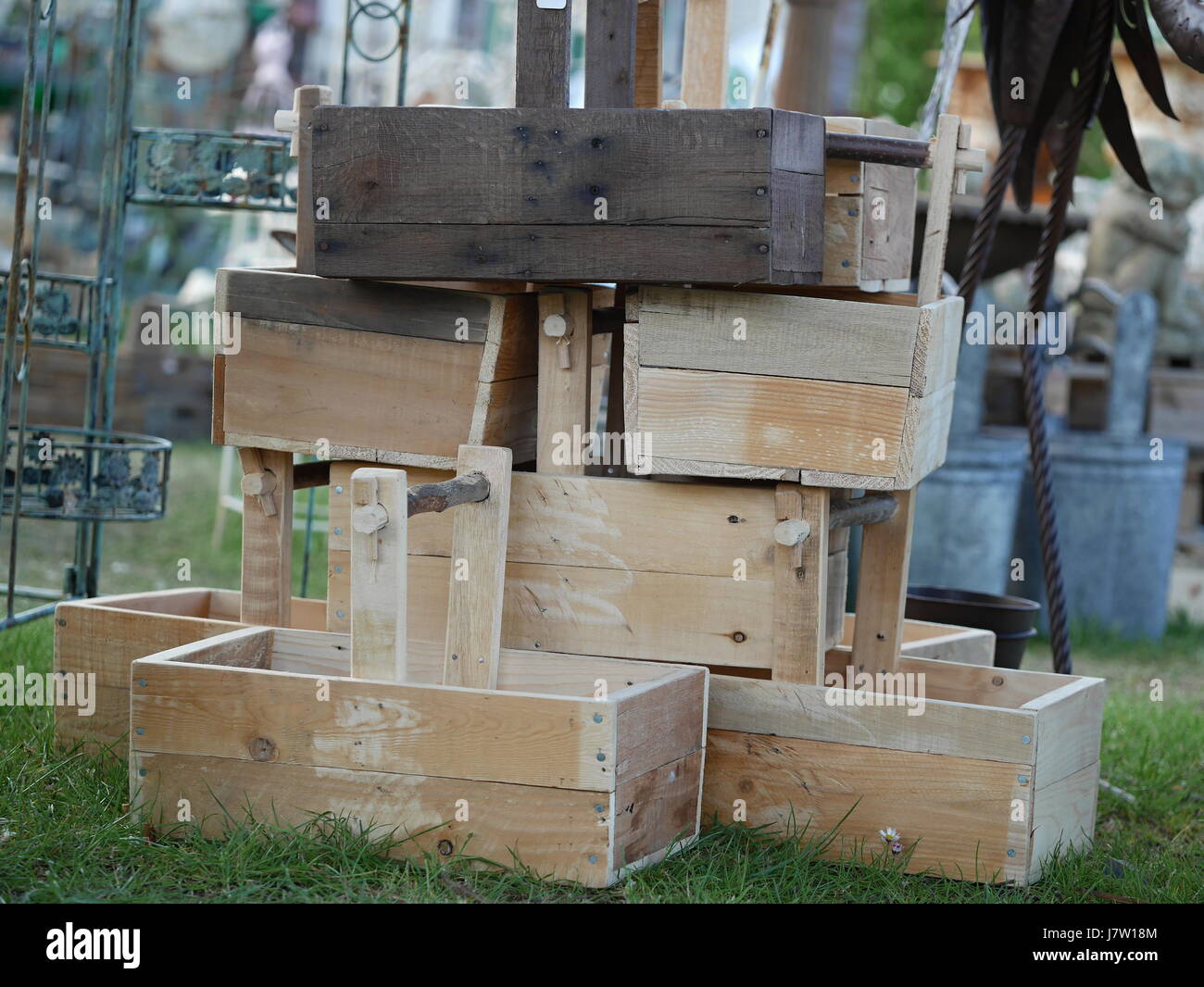 wooden crates at a gardening show Stock Photo