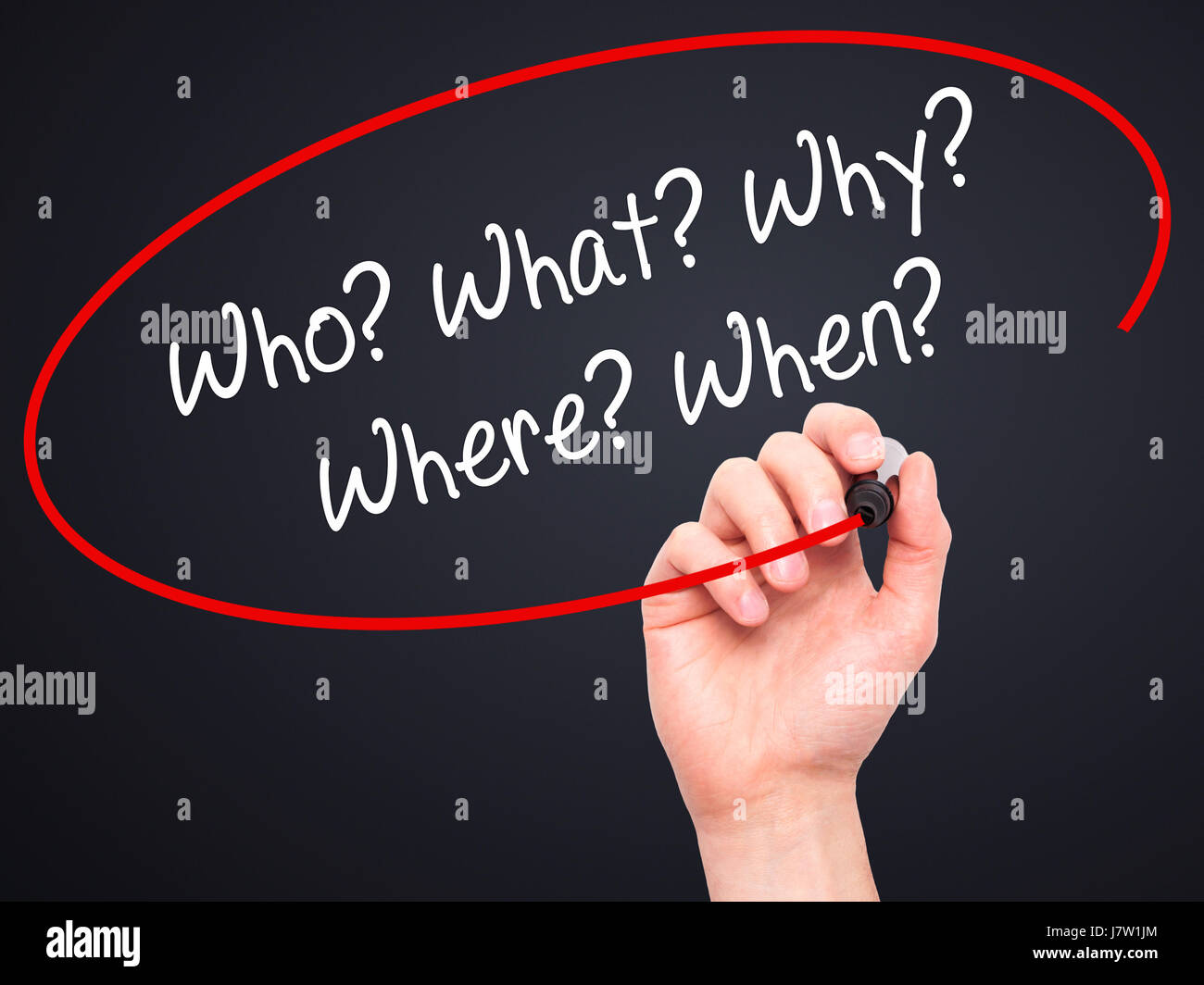 Man Hand writing Who? What? Why? Where? When? with black marker on ...
