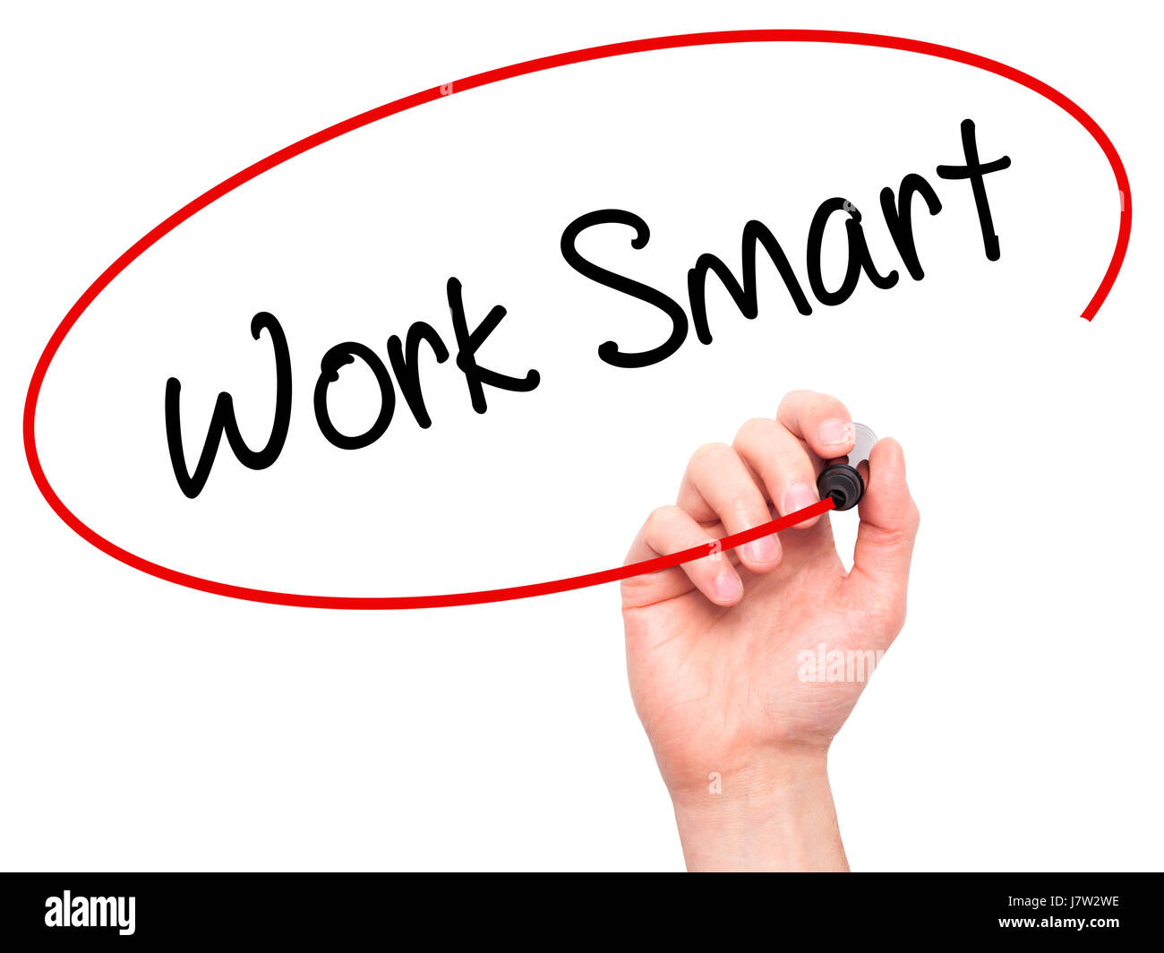 Man Hand writing Work Smart with black marker on visual screen ...