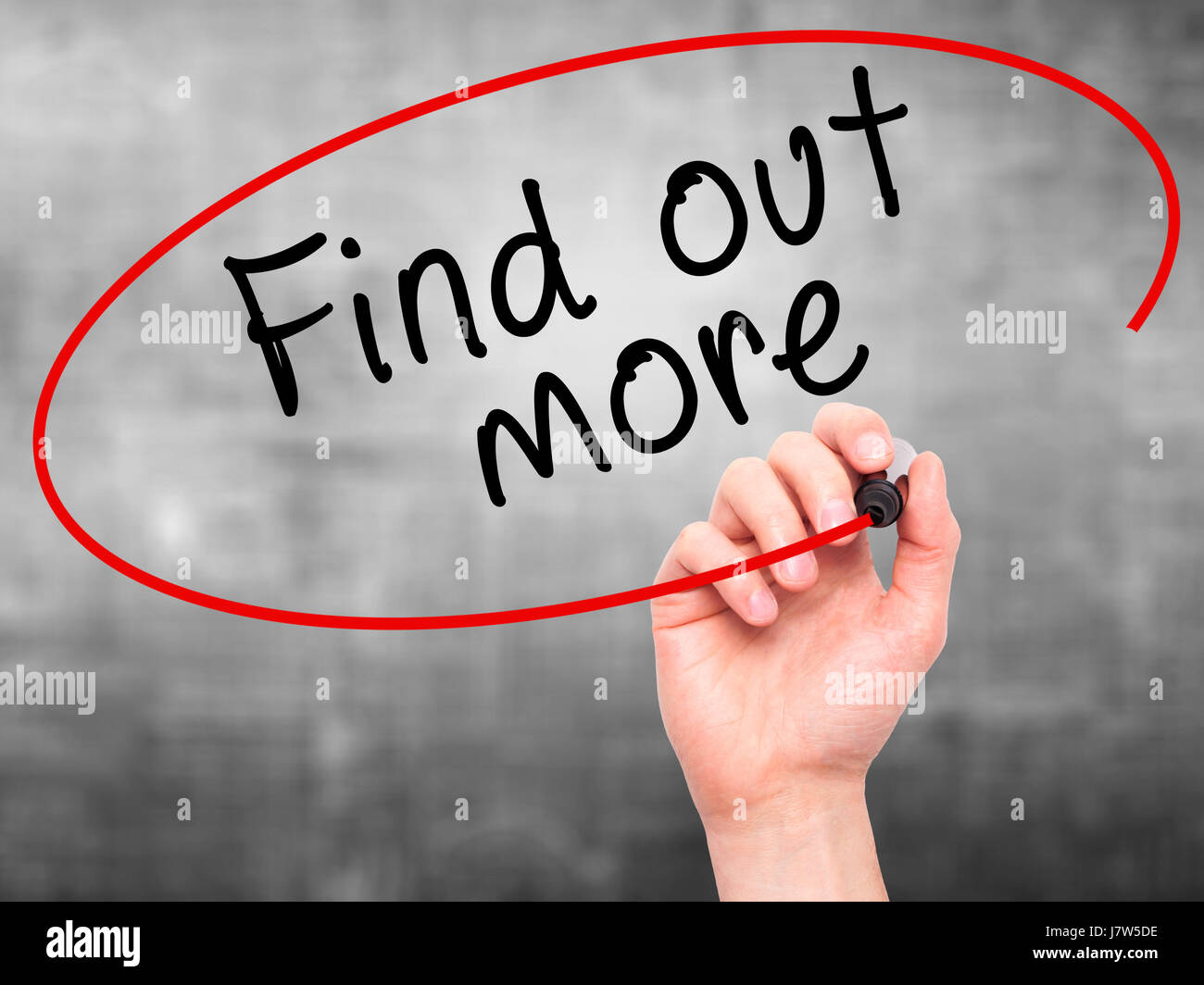 Please Find Out Man Hand writing Find out more with marker on transparent wipe board ...