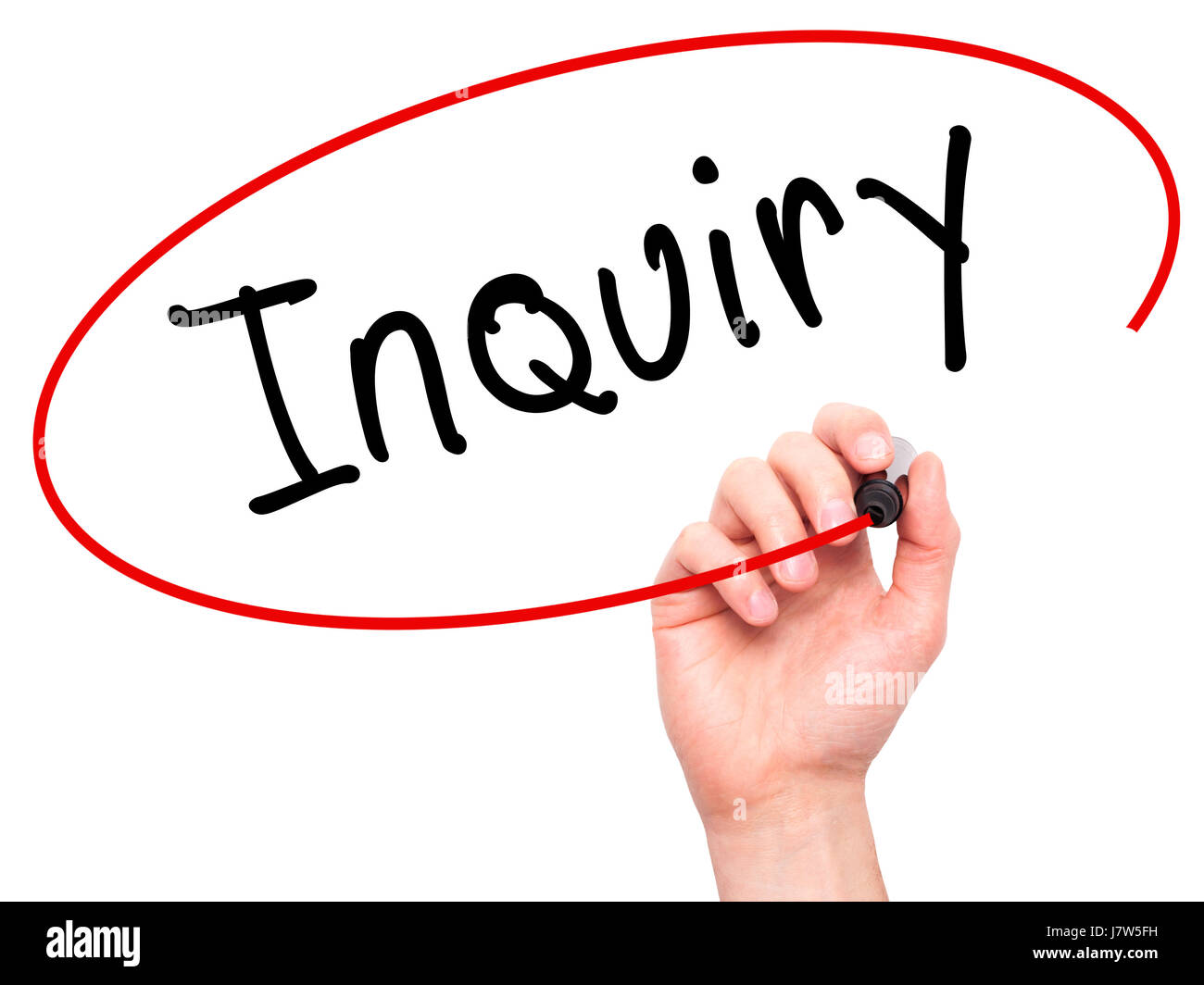 Man Hand writing Inquiry with marker on transparent wipe board ...