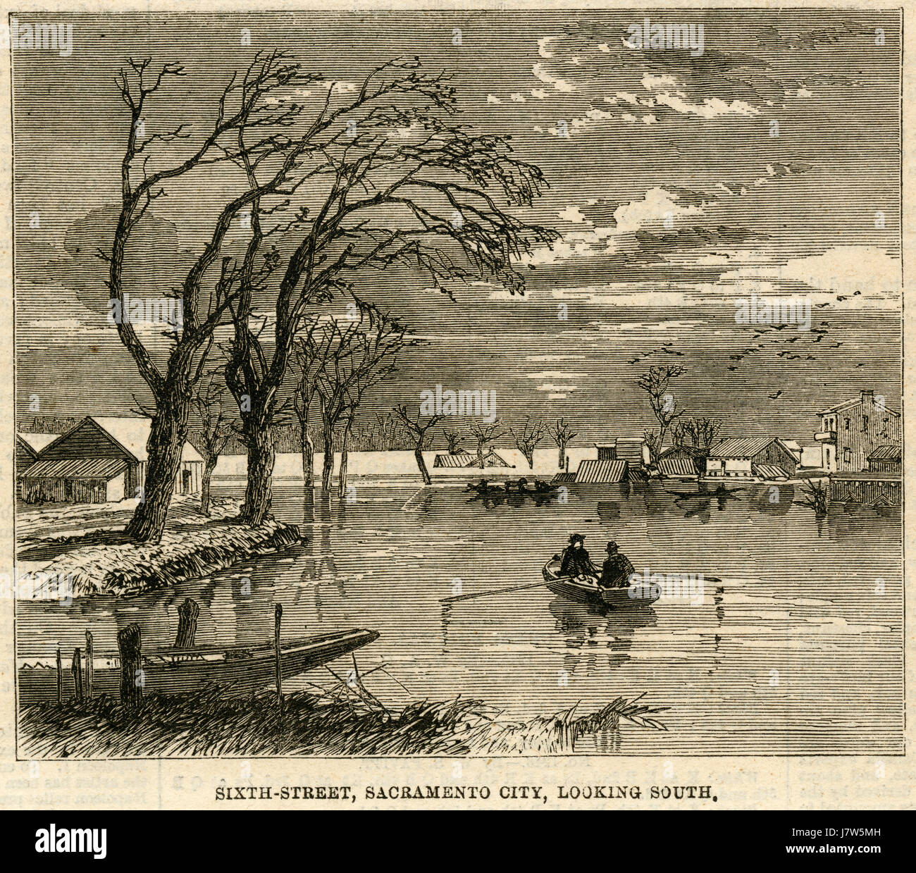 Antique c1862 engraving, Sixth Street flood, Sacramento City, Looking South. The Great Flood of 1862 was the largest flood in the recorded history of Oregon, Nevada, and California, occurring from December 1861 to January 1862. The city of Sacramento suffered the worst damage due to its levee, which lay in a wide and flat valley at the junction of the American and Sacramento rivers. When the floodwaters entered from the higher ground on the east, the levee acted as a dam to keep the water in the city rather than let it flow out. SOURCE: ORIGINAL ENGRAVING. Stock Photo