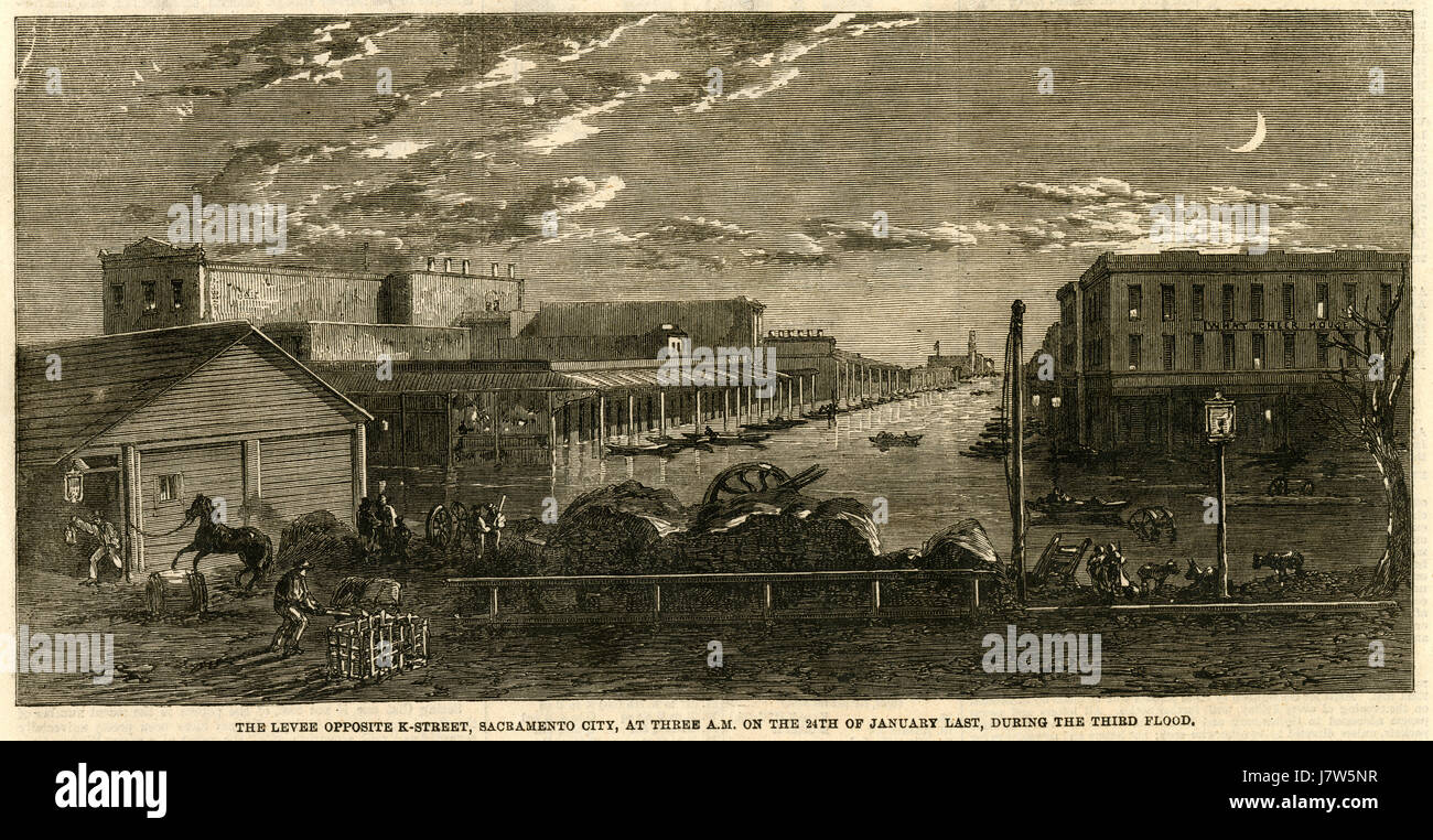 Antique c1862 engraving, Sixth Street flood, Sacramento City, Looking South. The Great Flood of 1862 was the largest flood in the recorded history of Oregon, Nevada, and California, occurring from December 1861 to January 1862. The city of Sacramento suffered the worst damage due to its levee, which lay in a wide and flat valley at the junction of the American and Sacramento rivers. When the floodwaters entered from the higher ground on the east, the levee acted as a dam to keep the water in the city rather than let it flow out. SOURCE: ORIGINAL ENGRAVING. Stock Photo