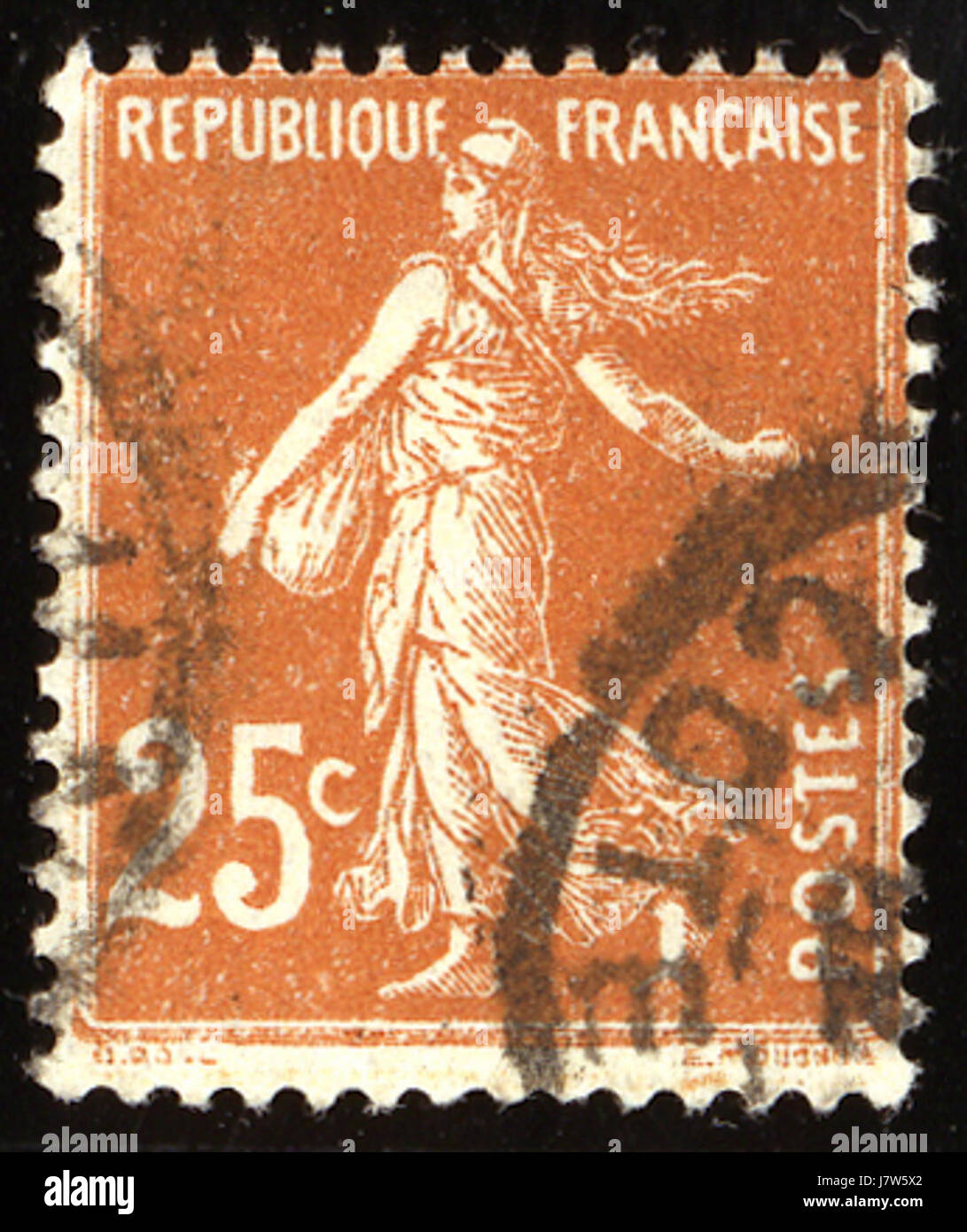 This 1927 French postage stamp features the 25-centime value in a yellow-brown hue. Stamps from this era reflect France's philatelic history and the country's commitment to postal services and communication. Stock Photo