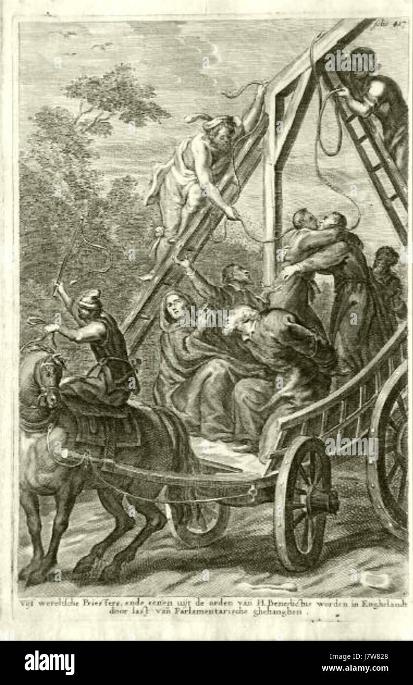 Cornelius Hazart's 1667 work, *Kerckelijke Historie*, discusses the religious conflicts of the period, focusing on the fate of priests hanged in England due to religious tensions during the 17th century. Stock Photo