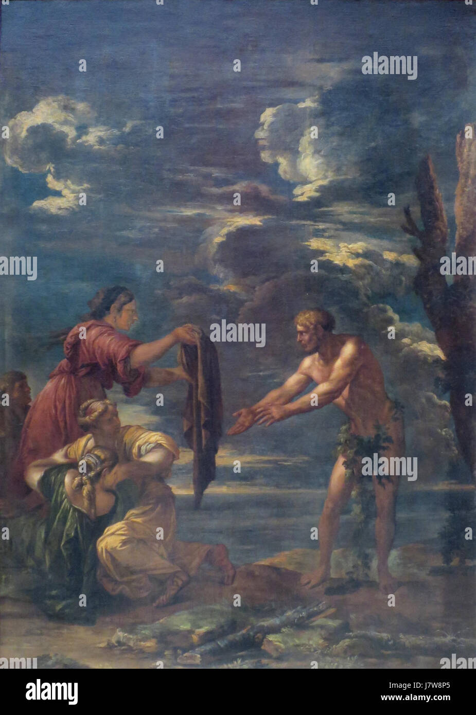 *Odysseus and Nausicaa* by Salvator Rosa depicts a key scene from Greek mythology where Odysseus encounters Nausicaa, the princess of Phaeacia. The painting captures the dramatic moment with emotional intensity and classical composition. Stock Photo