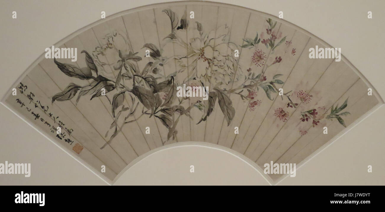 'Peony and Peaches,' painted by Zhang Xiong in 1881, is a traditional Chinese artwork depicting peonies and peaches, held at the Honolulu Museum of Art. Stock Photo