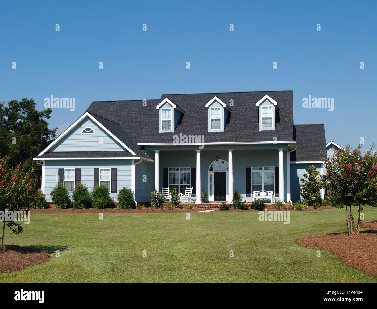 Blue House Building Real Estate Vinyl Porch Dormer Exterior Home