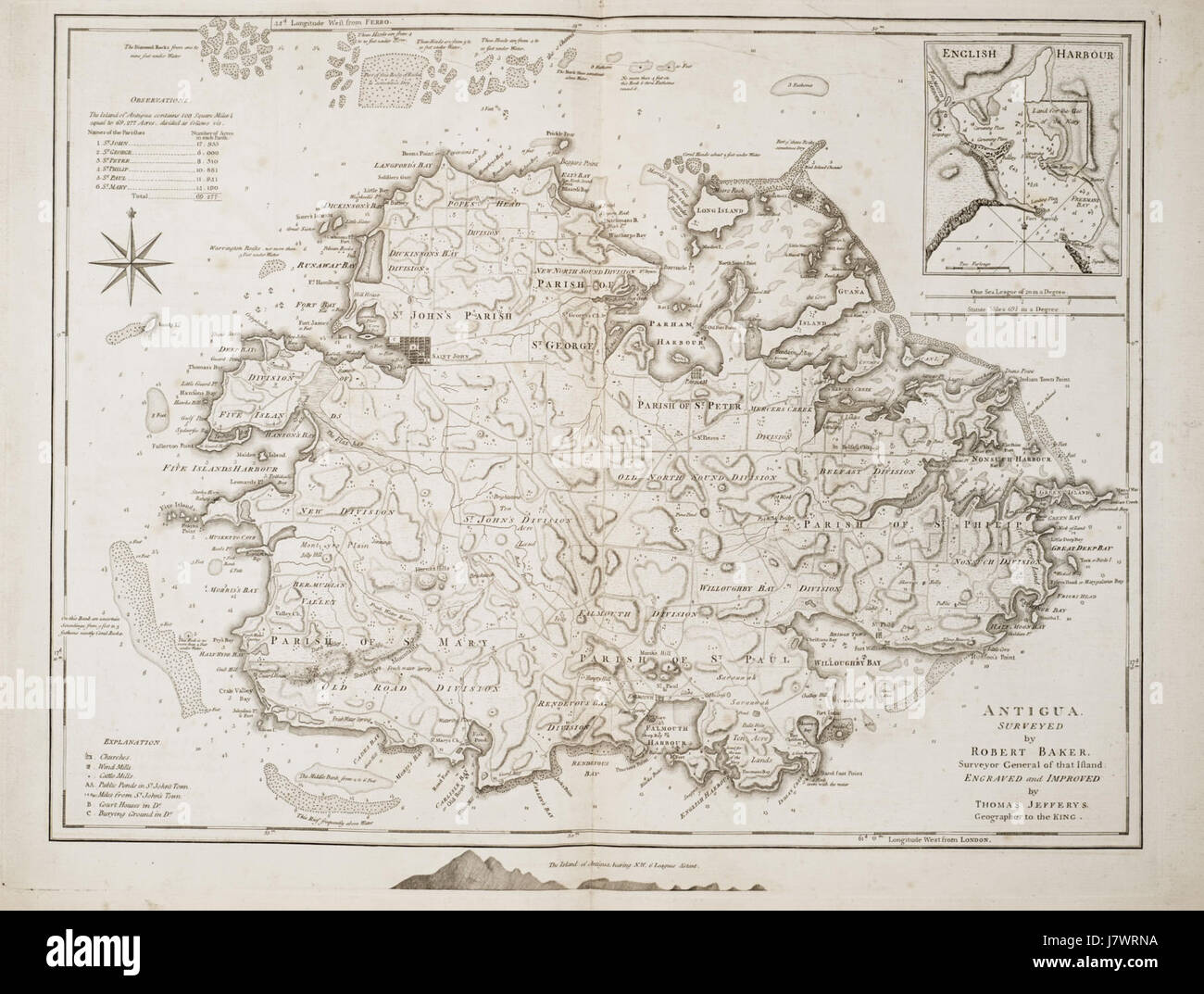 1775 map of Antigua by Robert Baker, updated by Thomas Jefferys Stock Photo
