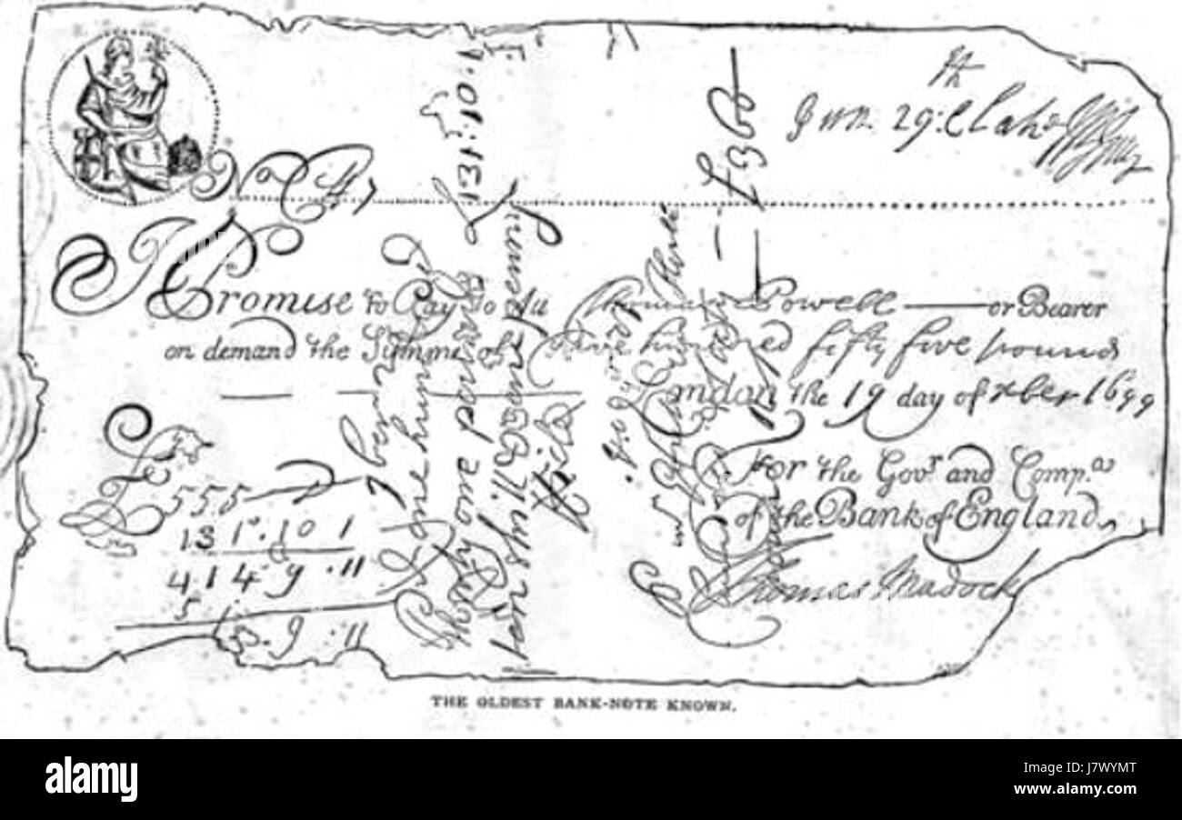This Bank of England note from 1699 represents early British currency and highlights the history of money in England during the late 17th century. Stock Photo