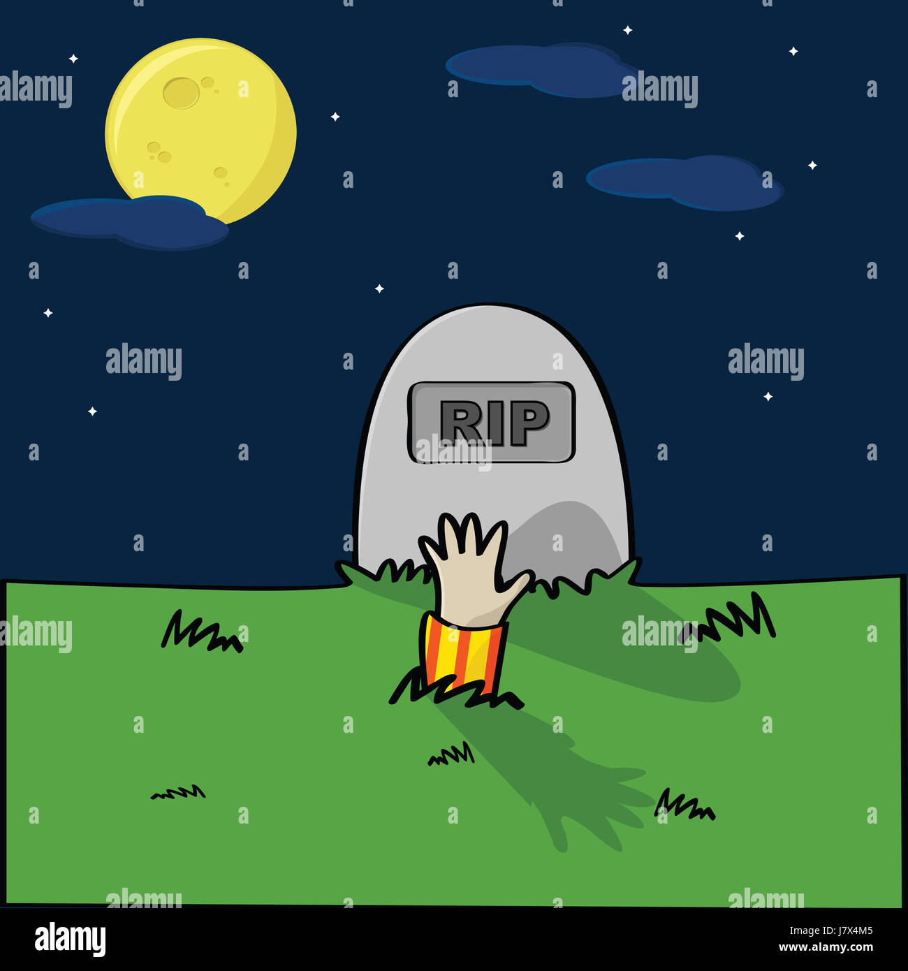 night nighttime cemetery gravestone tombstone illustration cartoon zombie hand Stock Photo