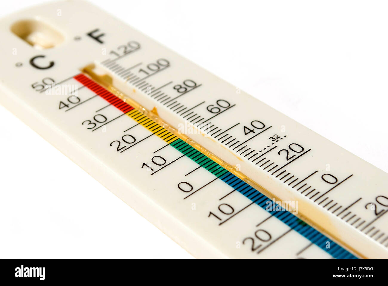 Celsius and fahrenheit scale meteorology thermometer for measuring air  temperature. Thermometer isolated on white background. Air temperature plus  50 degrees celsius Stock Photo