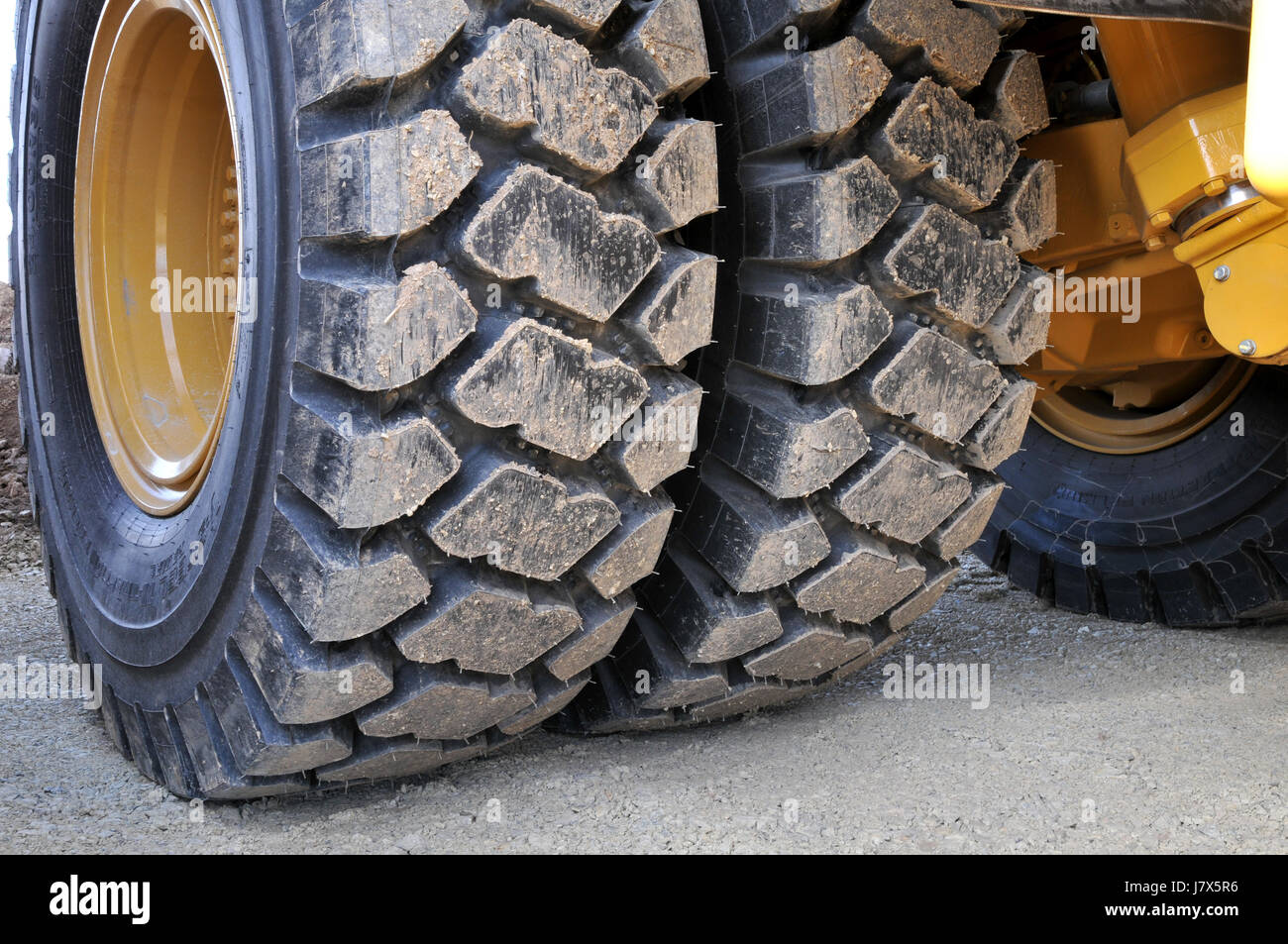 dump truck dual tyres non-skid truck lorry wheel car automobile vehicle means Stock Photo