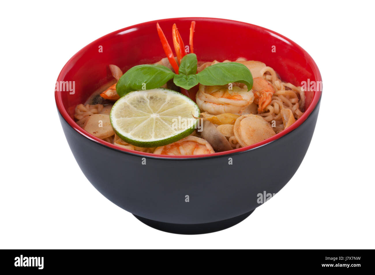 shrimp noodles basil noodle soup cutting path soup food aliment indoor photo Stock Photo