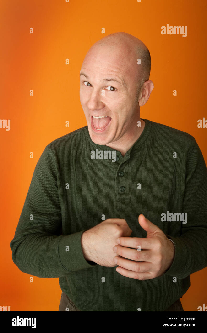 single male masculine blank european caucasian adult one adults bald man laugh Stock Photo