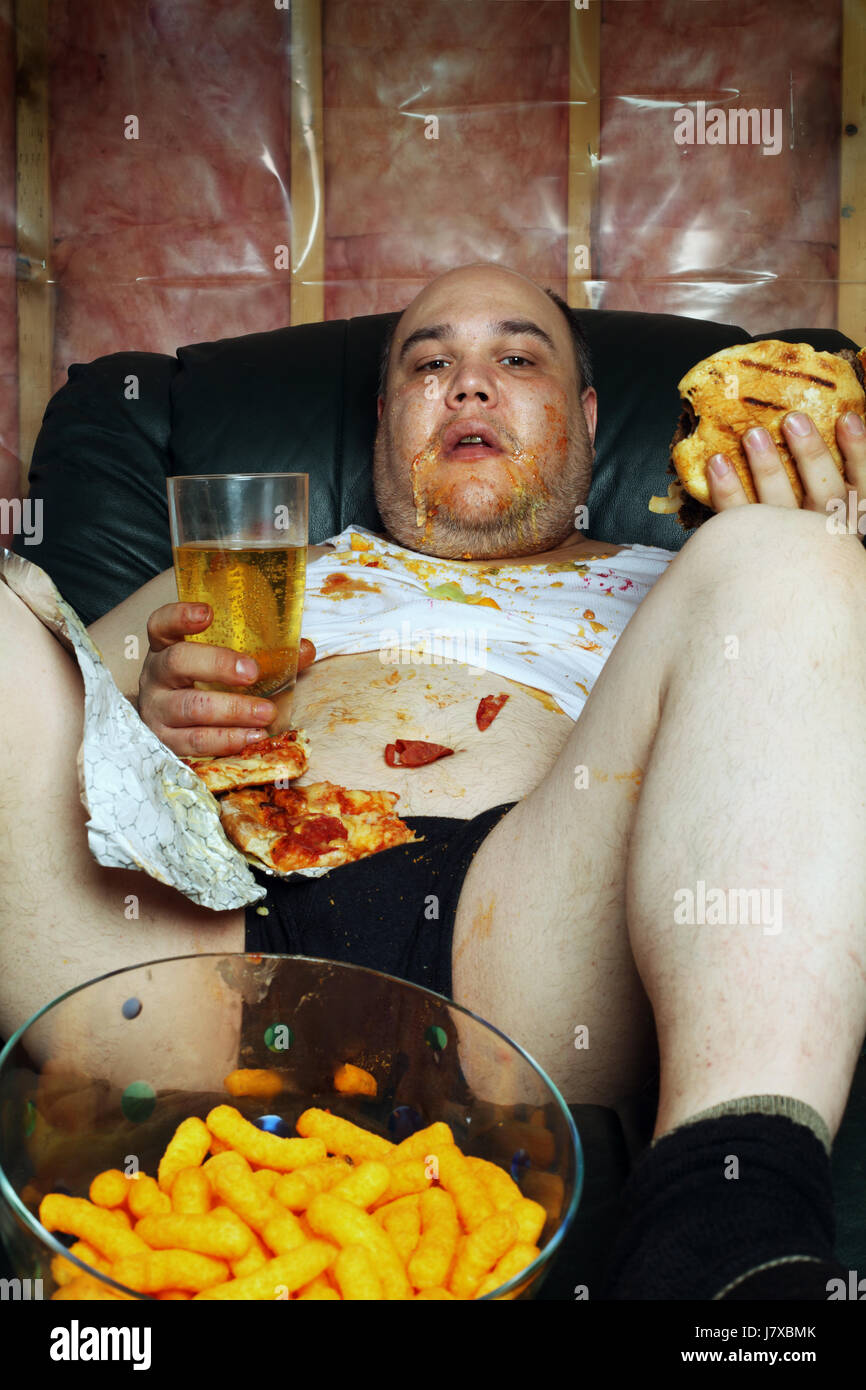Lazy Put Sitting Sit Bald Thick Wide Fat Eating Eat Eats Man Guy Food Aliment Stock Photo Alamy