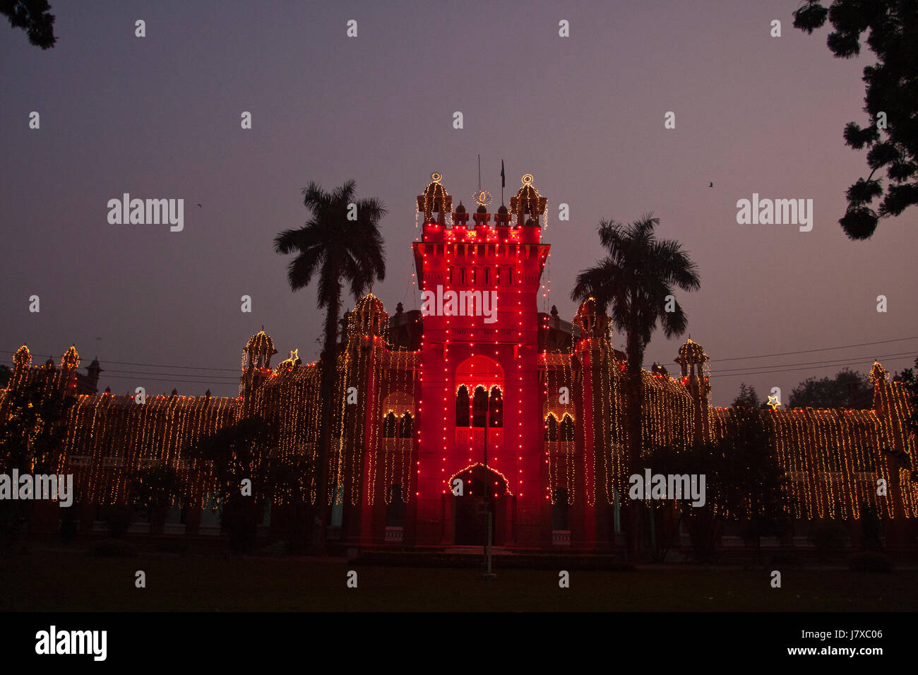 Curzon Hall decorates with lights on the occasion of the Victory Day. Dhaka, Bangladesh. Stock Photo
