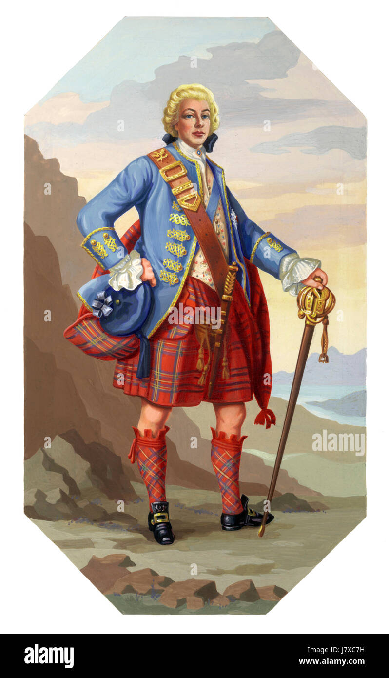 An illustration of Bonnie Prince Charlie (Charles Edward Stuart) 1720-1788, the Young Pretender. Shown posing in the highlands of Scotland, he is wearing the traditional Scottish attire of the tartan kilt Stock Photo