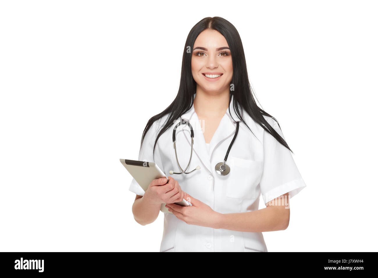 Nurse at hospital holding documents with information about of patient. Stock Photo