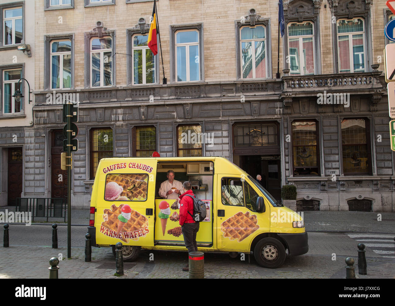 A waffle food truck in Brussels, Belgium, named Gaufres Chaudes, or 'Warm Waffles'. Stock Photo