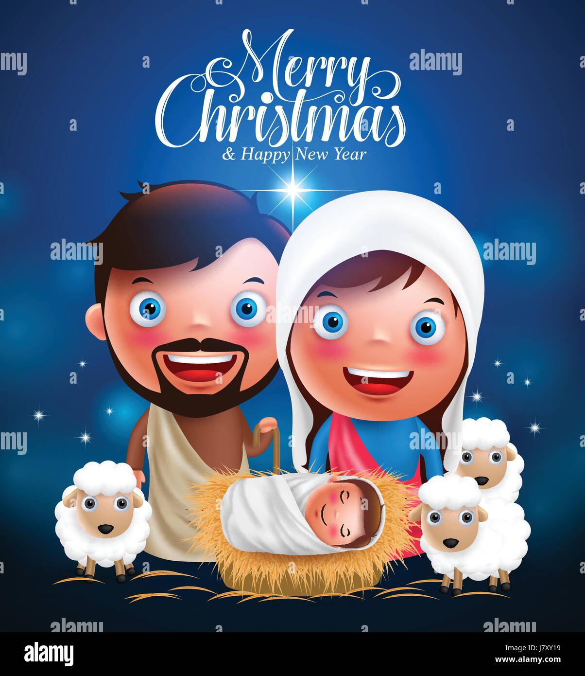 Merry Christmas greetings with Jesus born in manger, Belen with ...