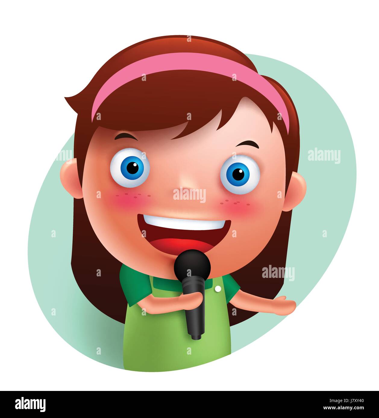 Young singer girl vector character singing and holding microphone ...