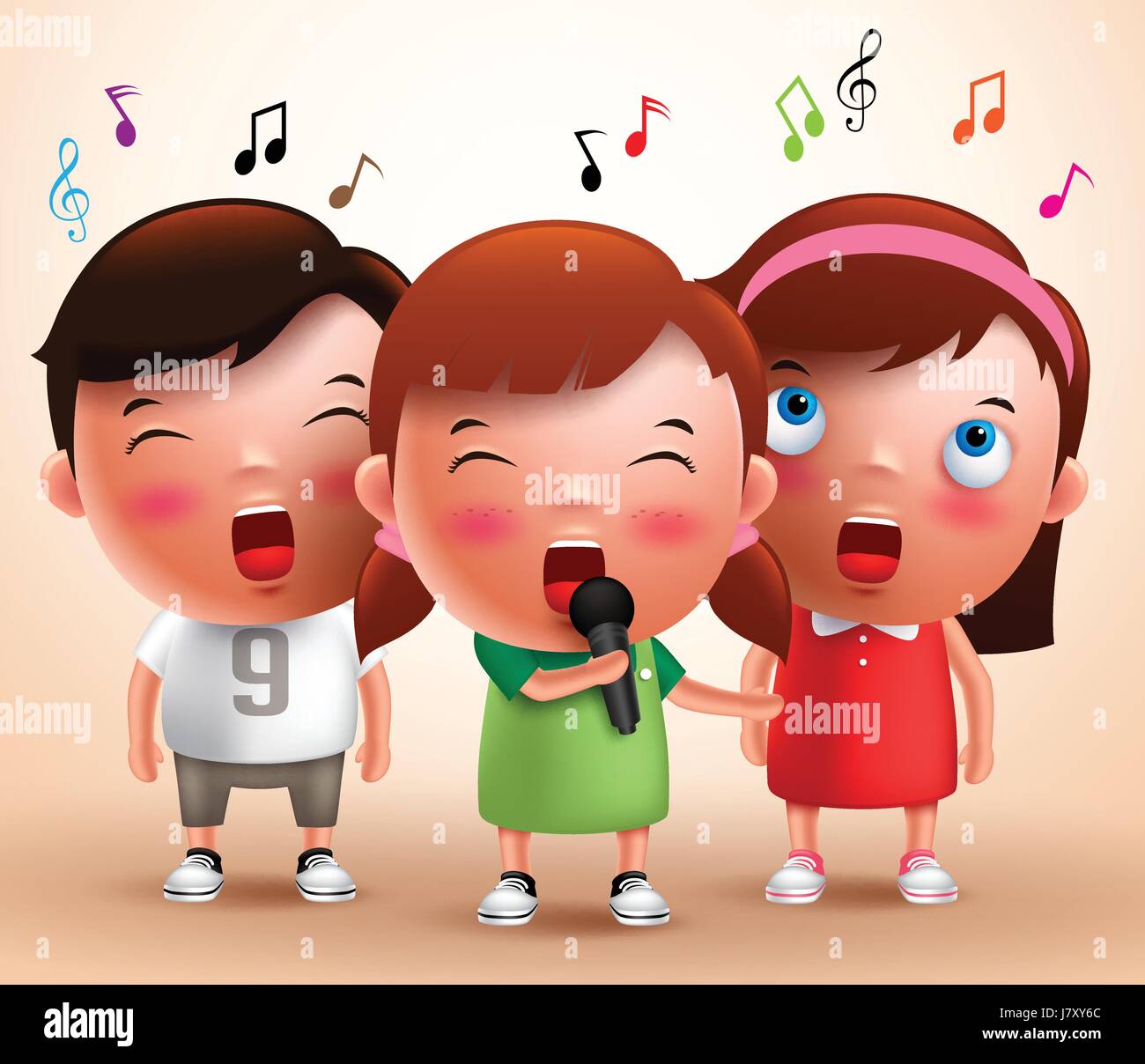 Singing kids vector characters holding microphone and performing with ...