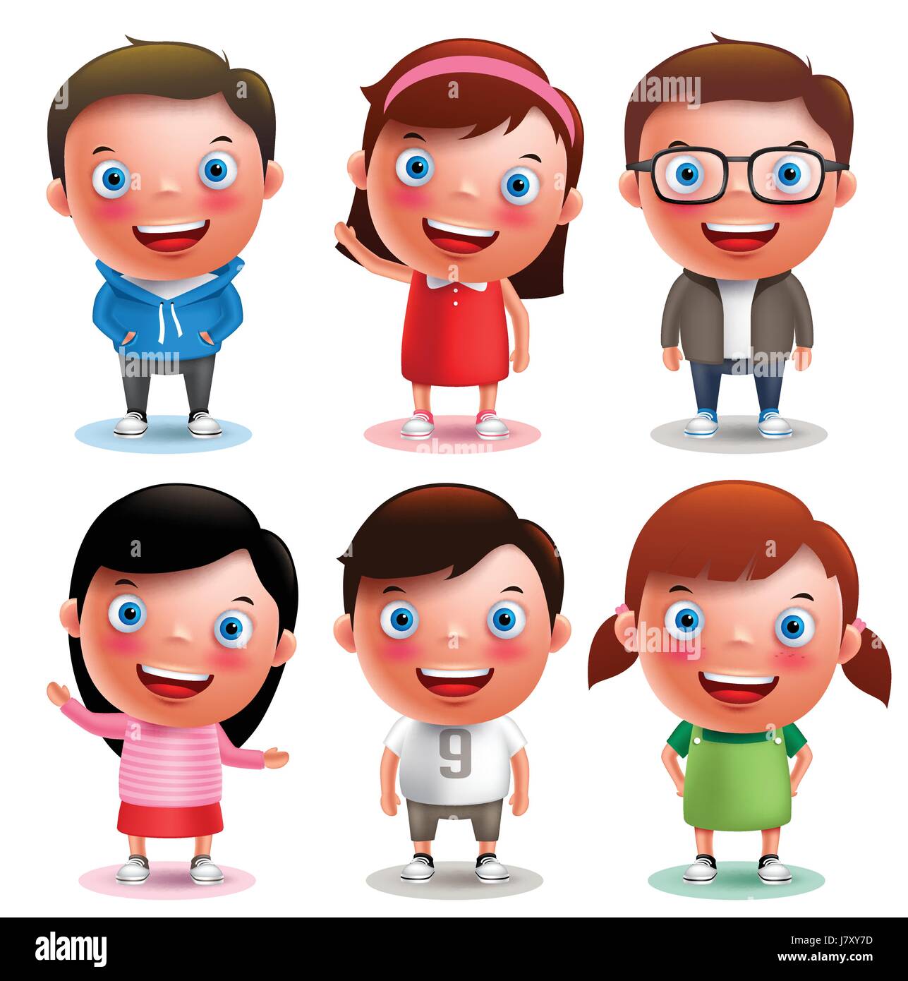 Kids vector characters boys and girls set with happy smile and ...