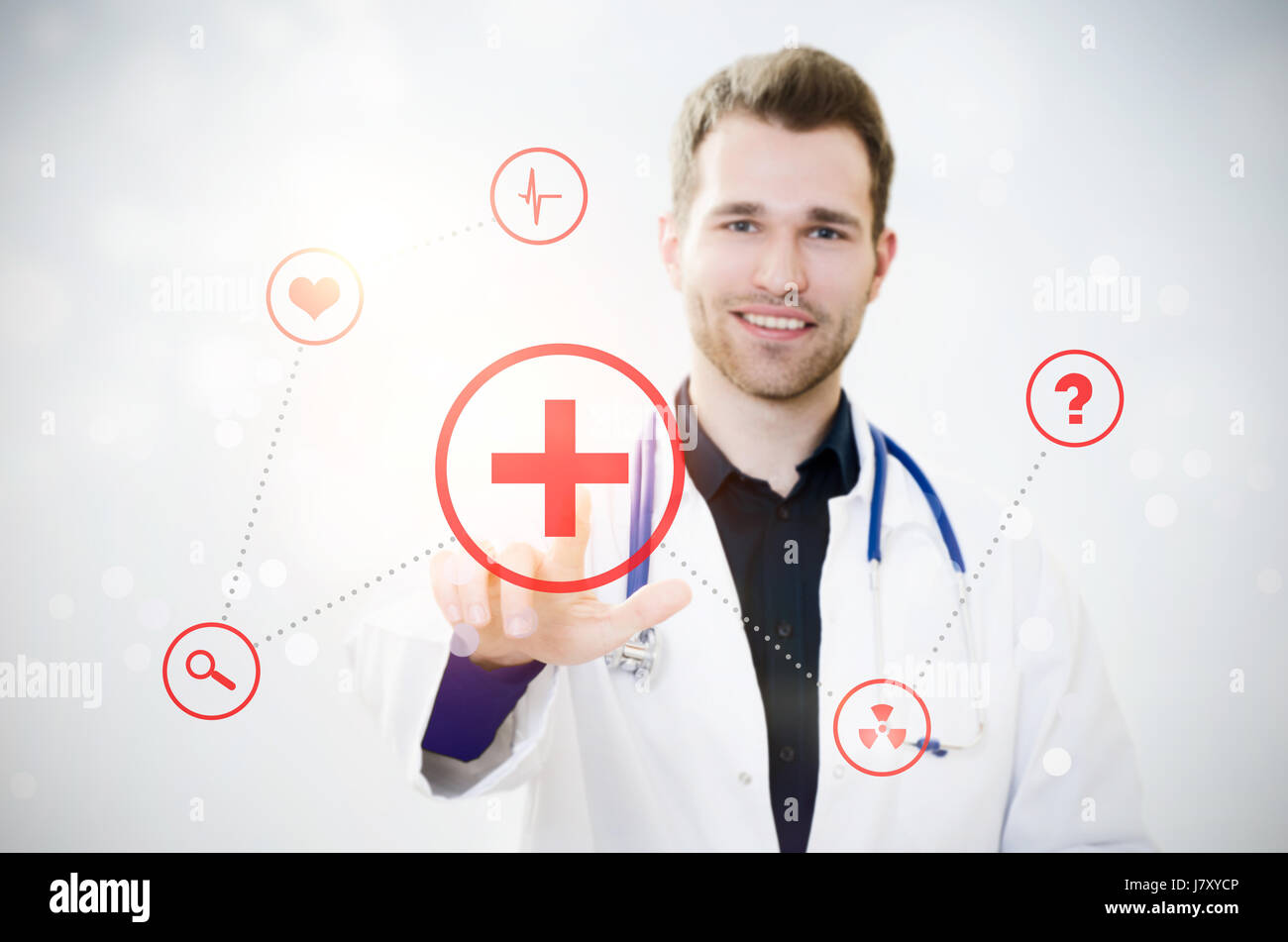 Doctor touching screen with icons. Futuristic medicine. Doctor medical technology icon healthcare screen touching data concept Stock Photo