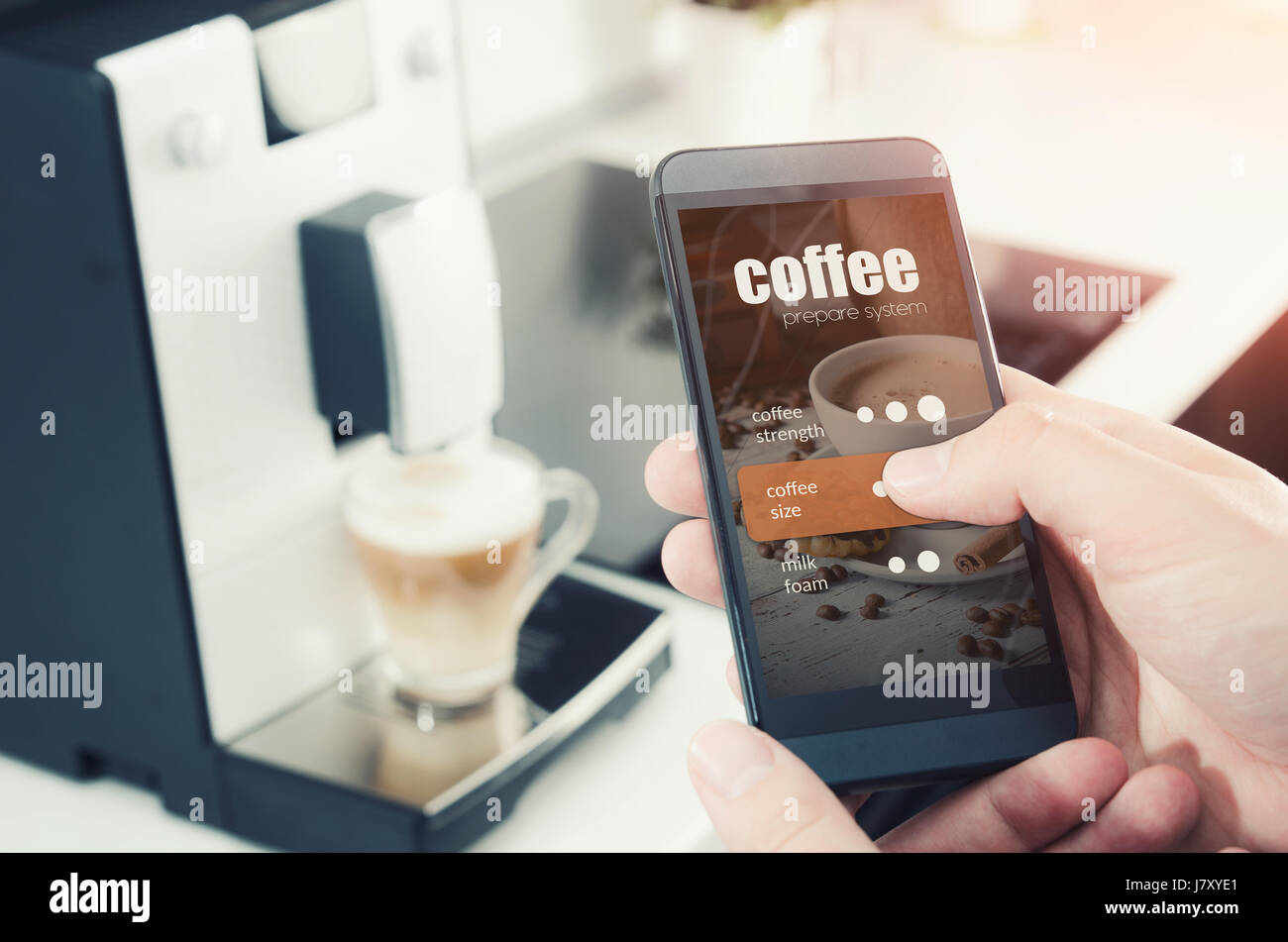 Making coffee from smartphone, modern coffee maker. coffee machine
