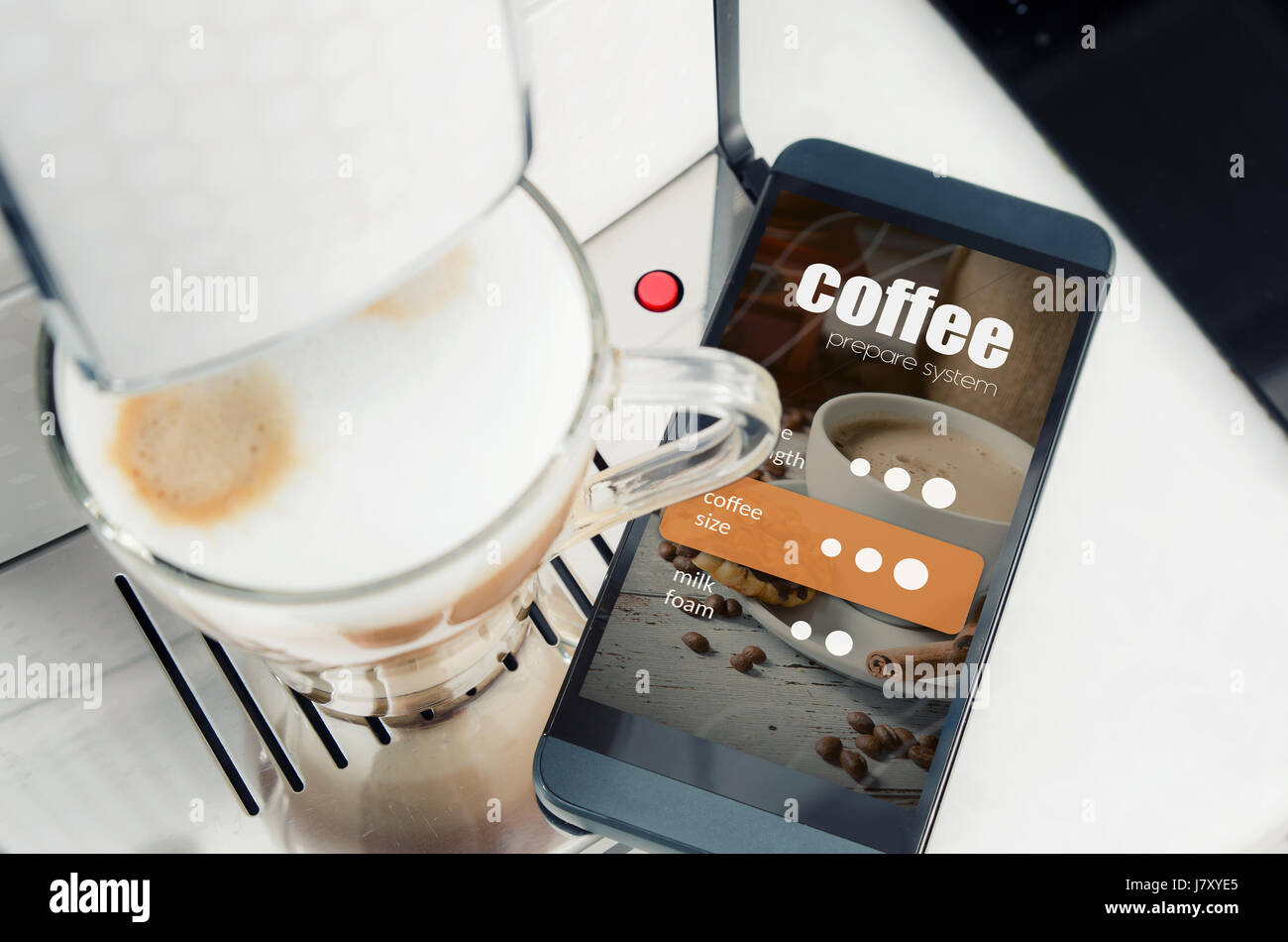 Making coffee from smartphone, modern coffee maker. coffee machine