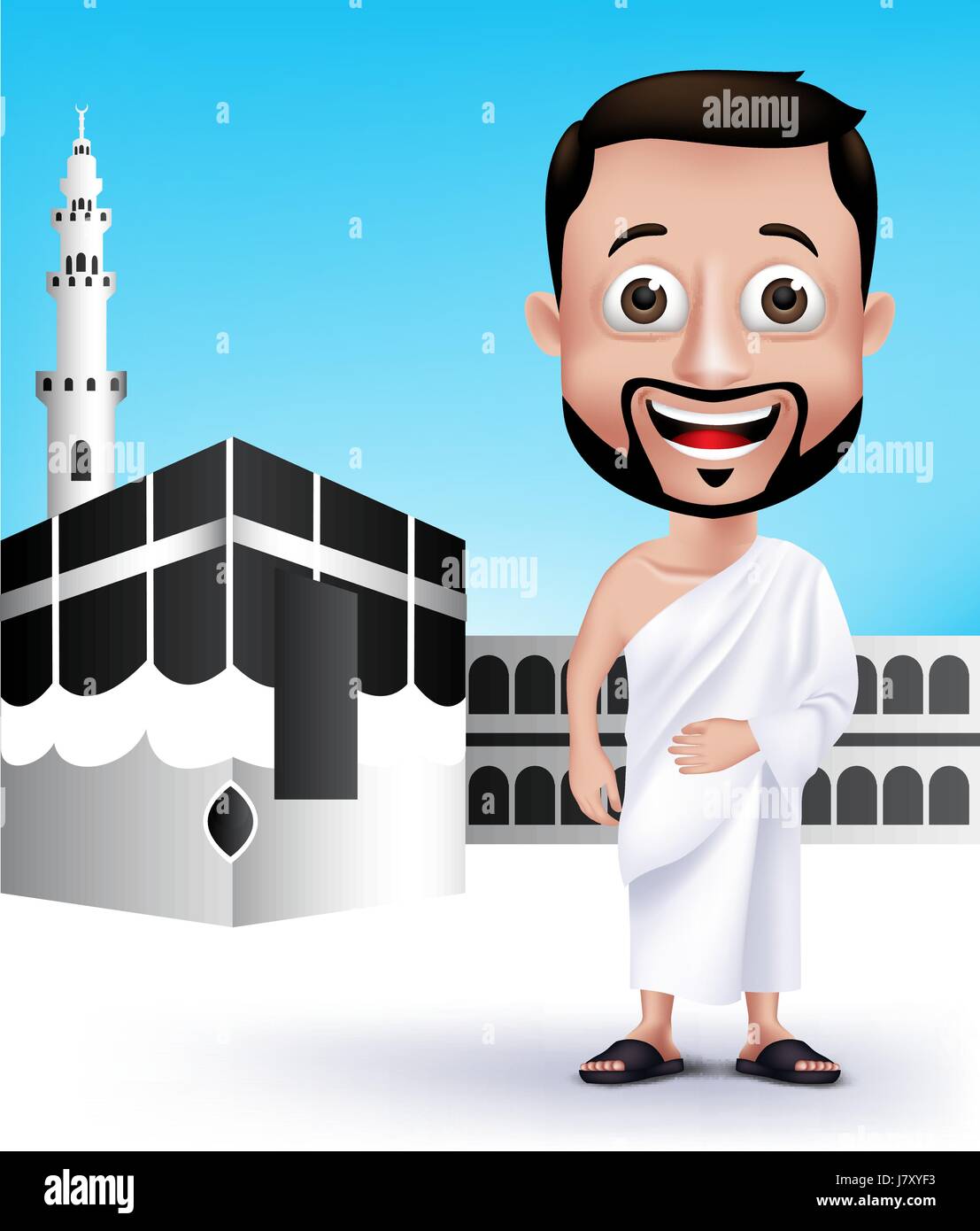 Vector Muslim Man Character Wearing Ihram Cloths for Performing Hajj or Umrah Pilgrimage in Kaaba in Makkah with Black Stone in Background. Stock Vector