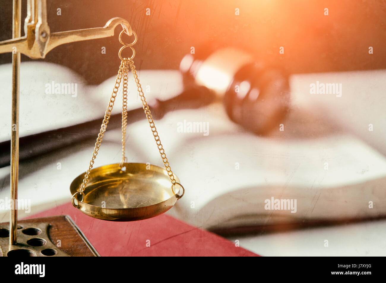 Weight scales in court room library. Law old retro style photo Stock Photo