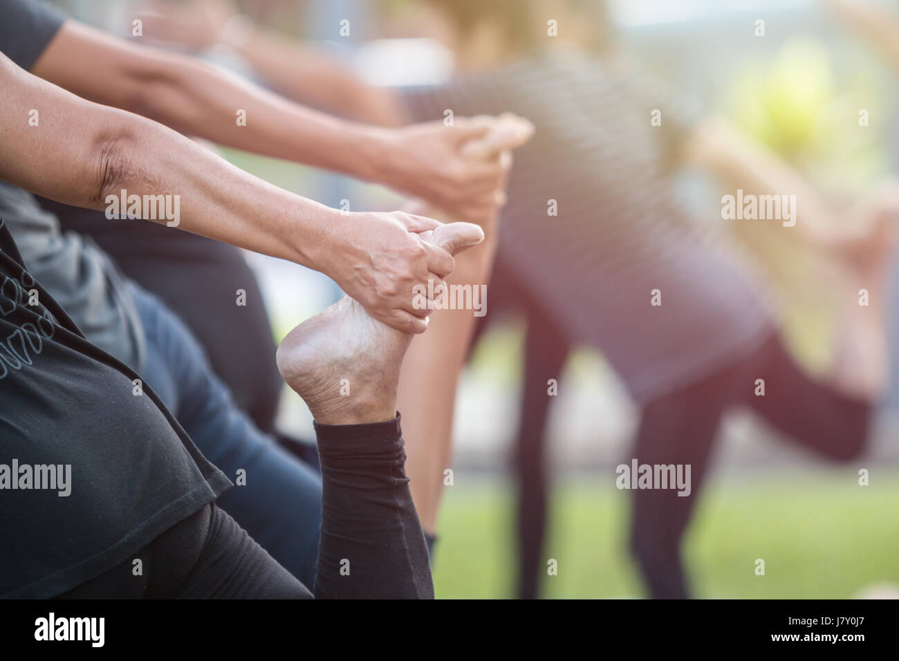 Group of asian woman doing yoga or exercise in the park Stock Photo - Alamy