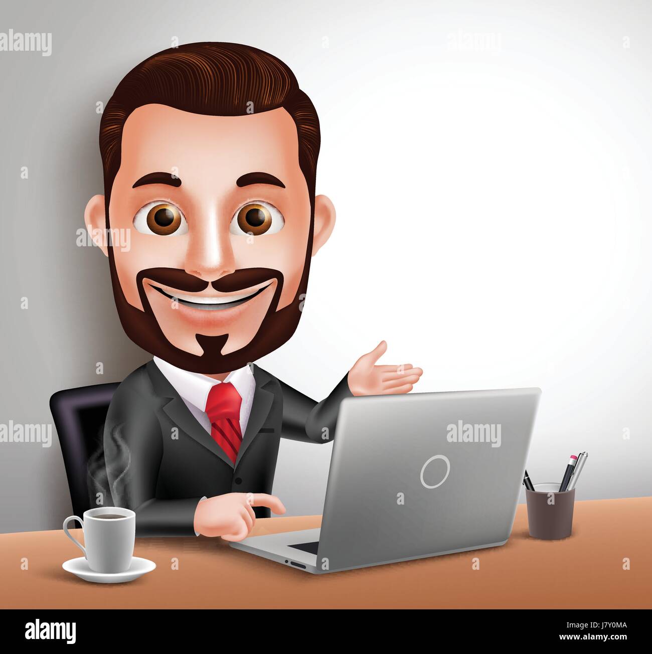 Professional Business Man Vector Character Happy Sitting and Working in  Office Desk with Laptop Computer. Vector Illustration Stock Vector Image &  Art - Alamy