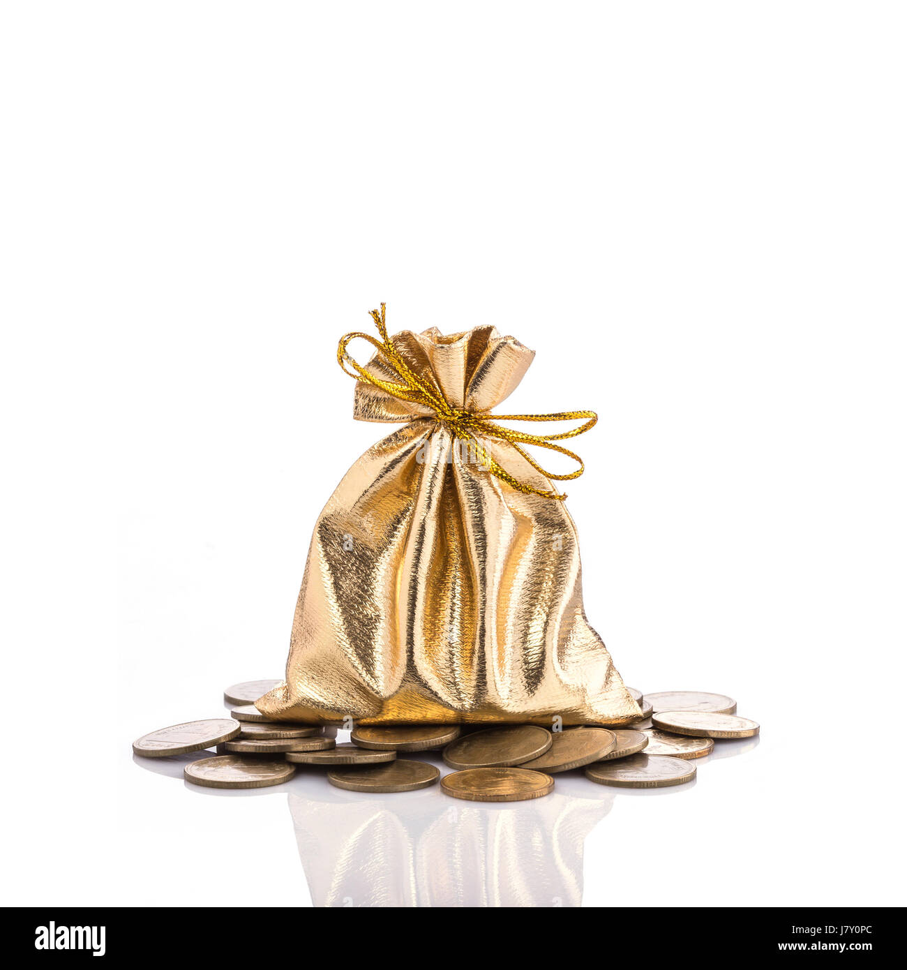 Golden bag for coin. Studio shot isolated on white background Stock ...