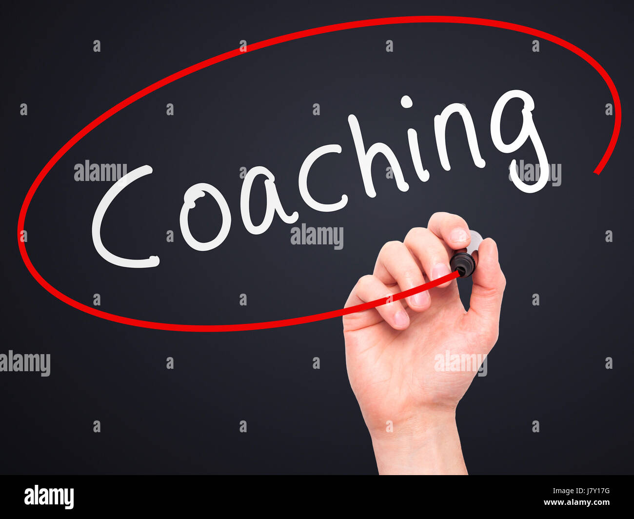 Man Hand writing Coaching with marker on transparent wipe board ...