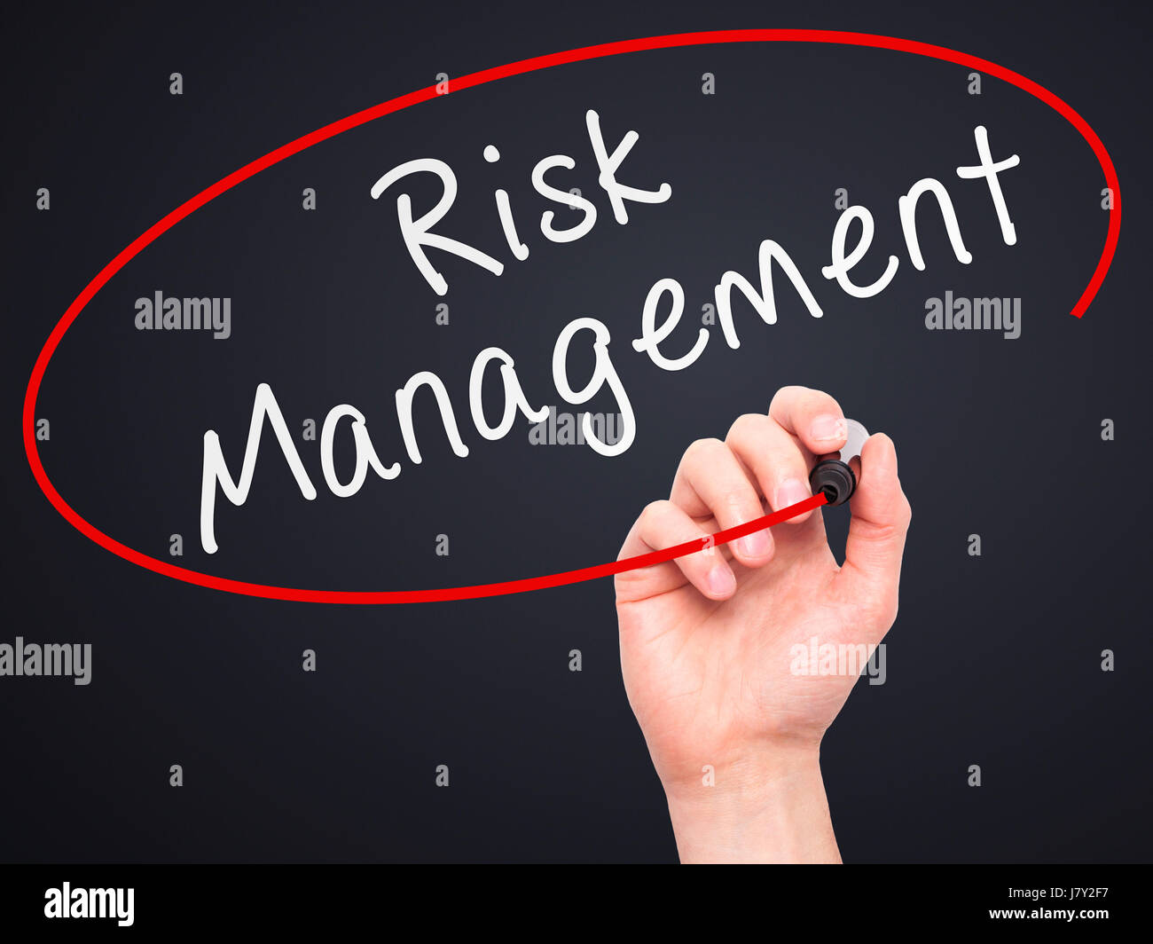 Risk Management Lettering Man Hand writing Risk Management with marker on transparent wipe board ...