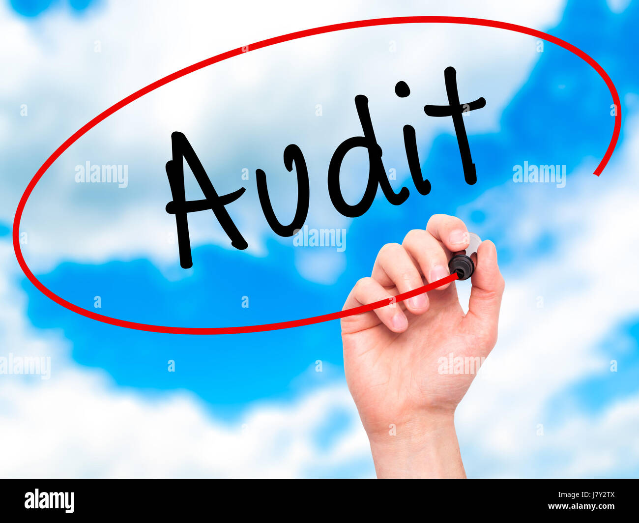 Man Hand writing Audit with marker on transparent wipe board. Isolated on sky. Business, internet, technology concept. Stock Photo Stock Photo