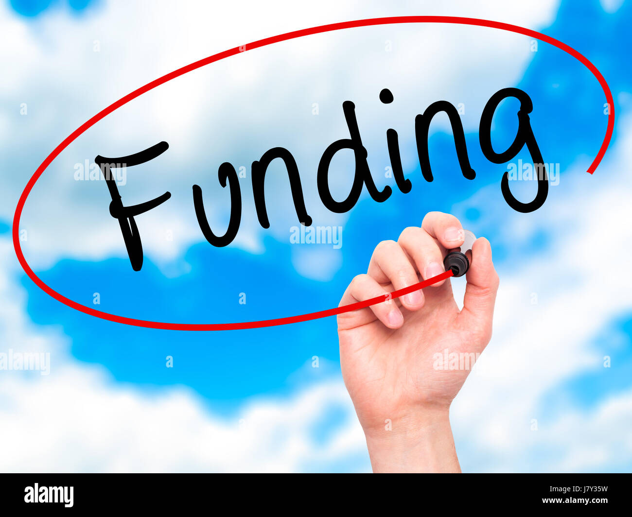 Signing Funded Man Hand writing Funding with marker on transparent wipe board ...