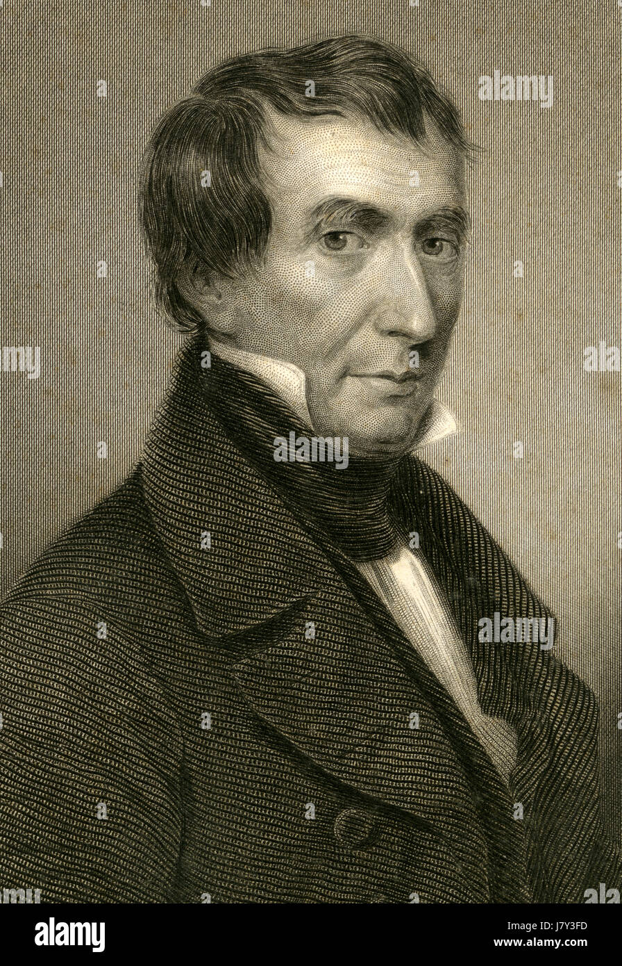 Antique c1860 engraving, William Henry Harrison. William Henry Harrison Sr. (1773-1841) was the ninth President of the United States (1841), an American military officer, and the last president born as a British subject. SOURCE: ORIGINAL ENGRAVING. Stock Photo