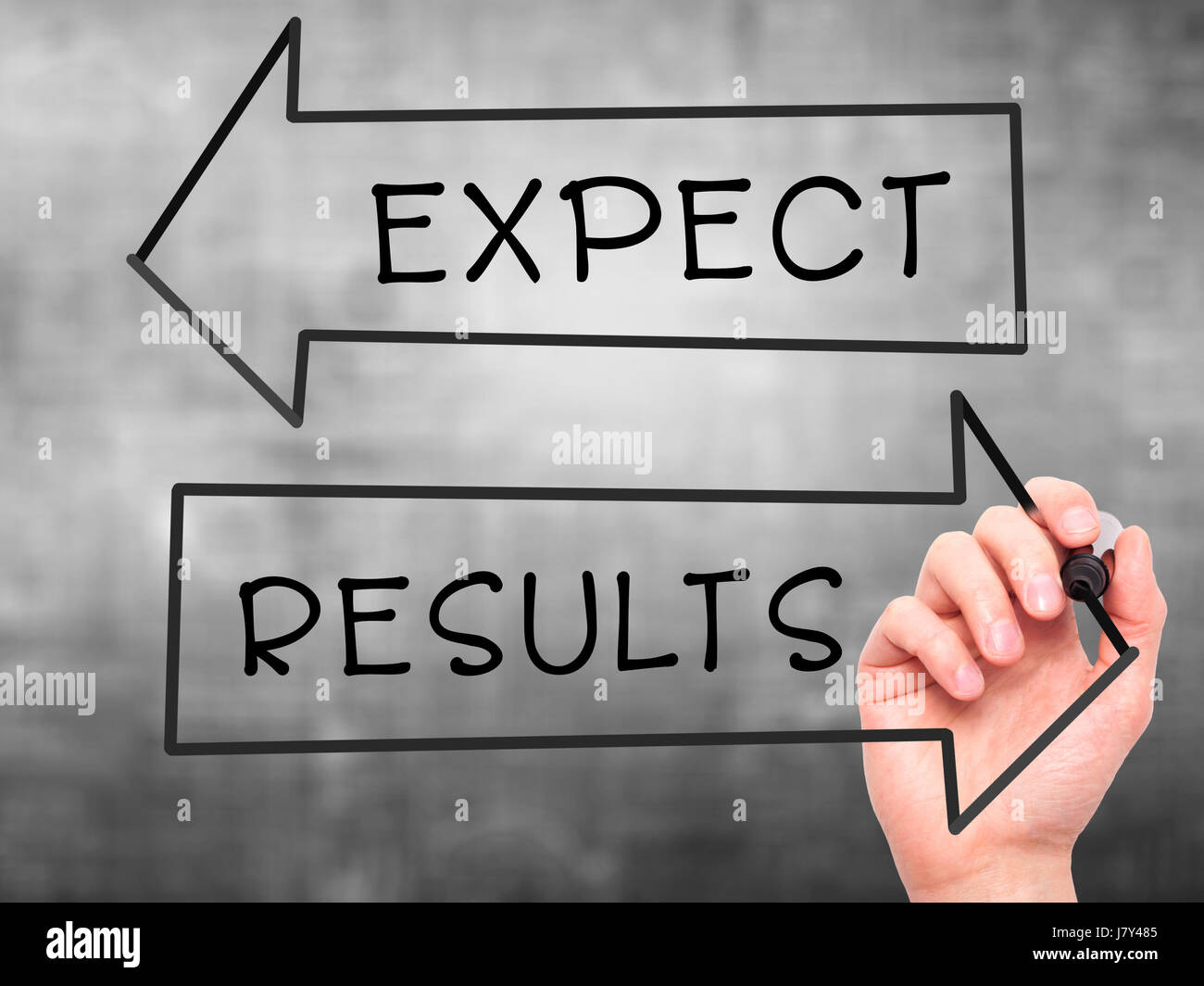 Man Hand writing Expect and Results with marker on transparent wipe board. Isolated on grey. Business, internet, technology concept. Stock Photo Stock Photo