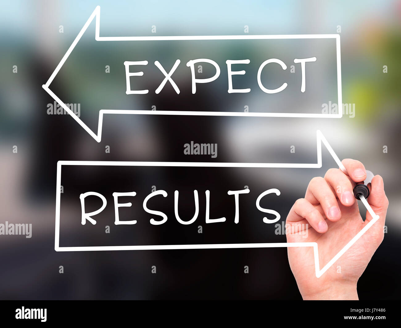 Man Hand writing Expect and Results with marker on transparent wipe board. Isolated on office. Business, internet, technology concept. Stock Photo Stock Photo