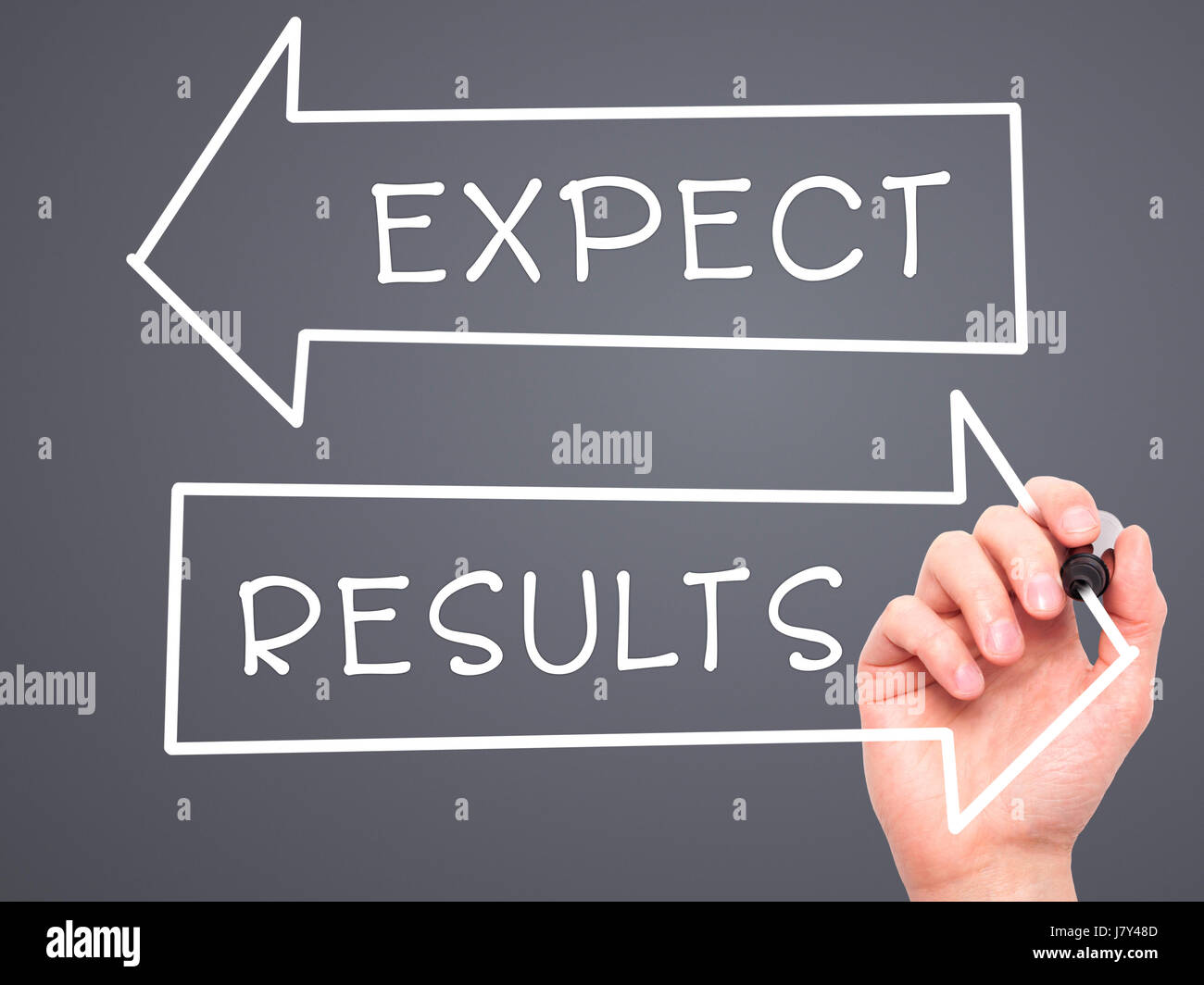 Man Hand writing Expect and Results with marker on transparent wipe board. Isolated on grey. Business, internet, technology concept. Stock Photo Stock Photo