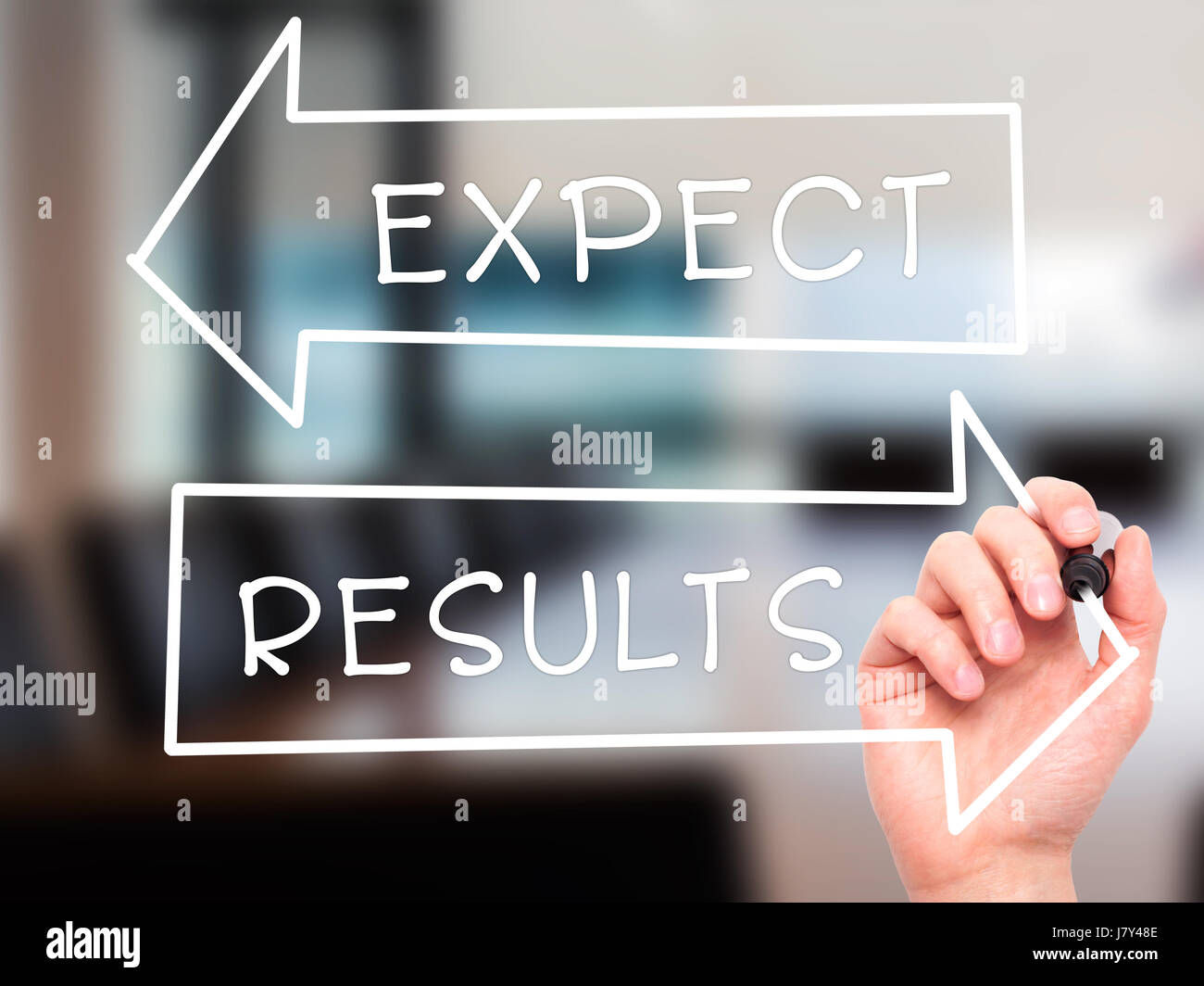 Man Hand writing Expect and Results with marker on transparent wipe board. Isolated on office. Business, internet, technology concept. Stock Photo Stock Photo