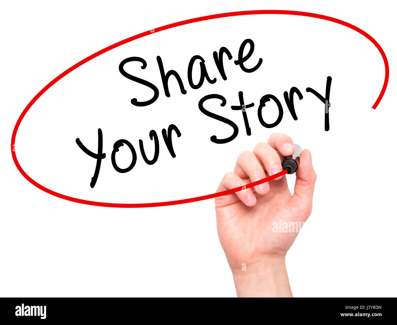 Man Hand writing Share Your Story with marker on transparent wipe board ...