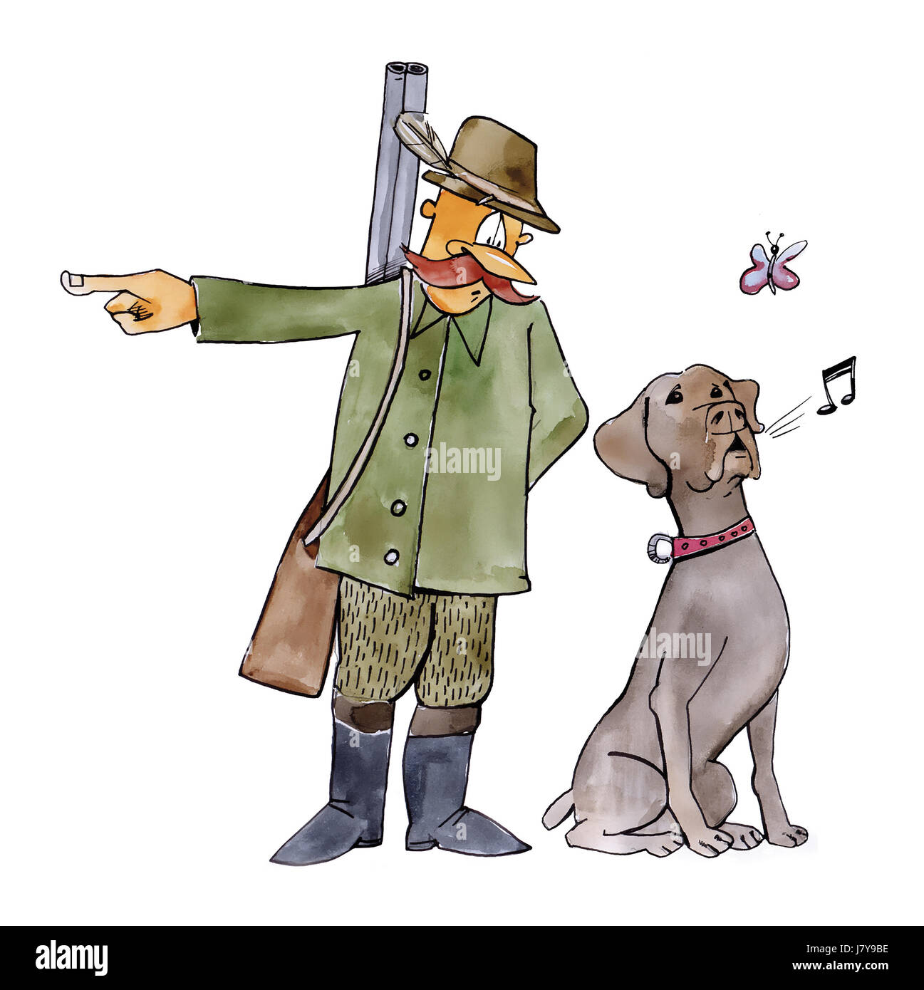 pet hunter pointer dog illustration cartoon hunting chase art comic  butterfly Stock Photo - Alamy