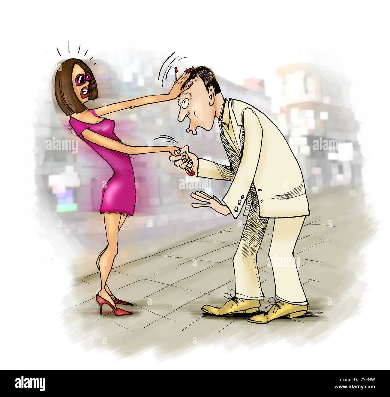 woman hand illustration kiss raving furious angry irately cartoon man guy woman Stock Photo